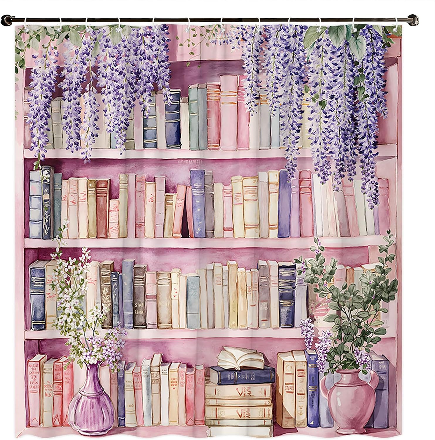 Pink Bookshelf Shower Curtain Fairy Tale Library Educational Bookcase Readable Books House Art Wall School Book Fairytale Decorative Curtain with Polyester Fabric