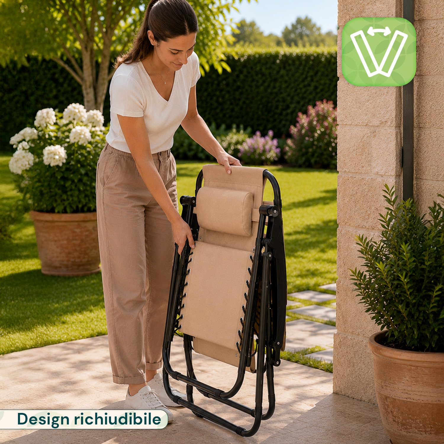 Avilia - Sedia da Giardino Pieghevole con Vassoio Laterale Portabevande – Ferro, Seduta Teslin, 120 kg | Sedia Giardino Pieghevole Reclinabile, L65×P87/176×A108/80 cm, Facile da Pulire