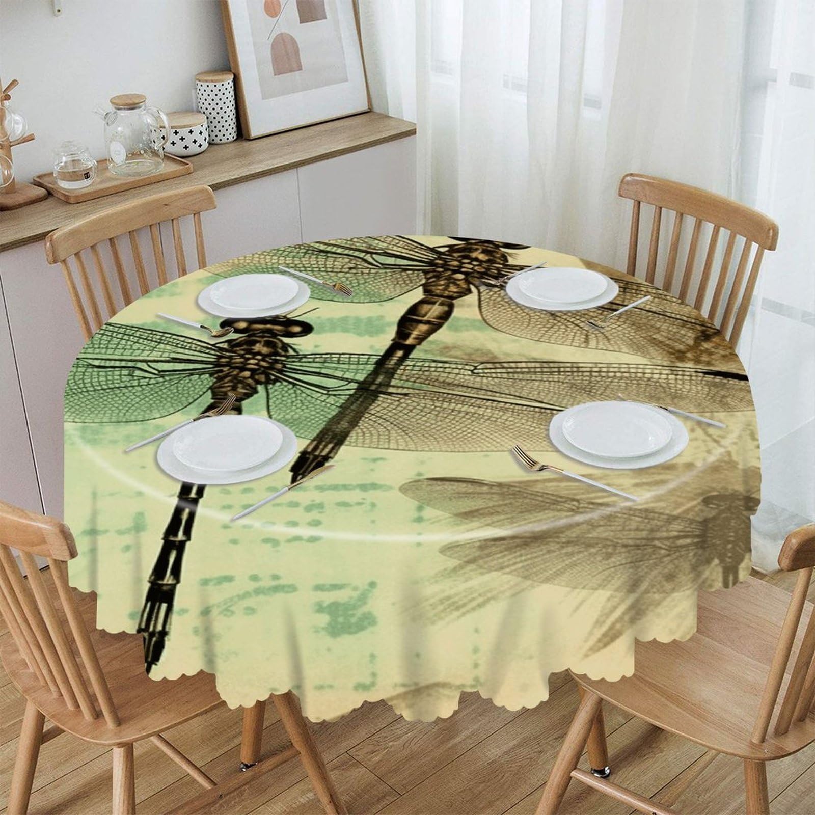 VstaDank Dragonfly Dragonflies Vintage Round Tablecloth Wipeable Round Polyester Tablecloth Waterproof Wrinkle Free Indoor and Outdoor Table Cover 60 Inch Decorative Farmhouse Table Cloth for Dining
