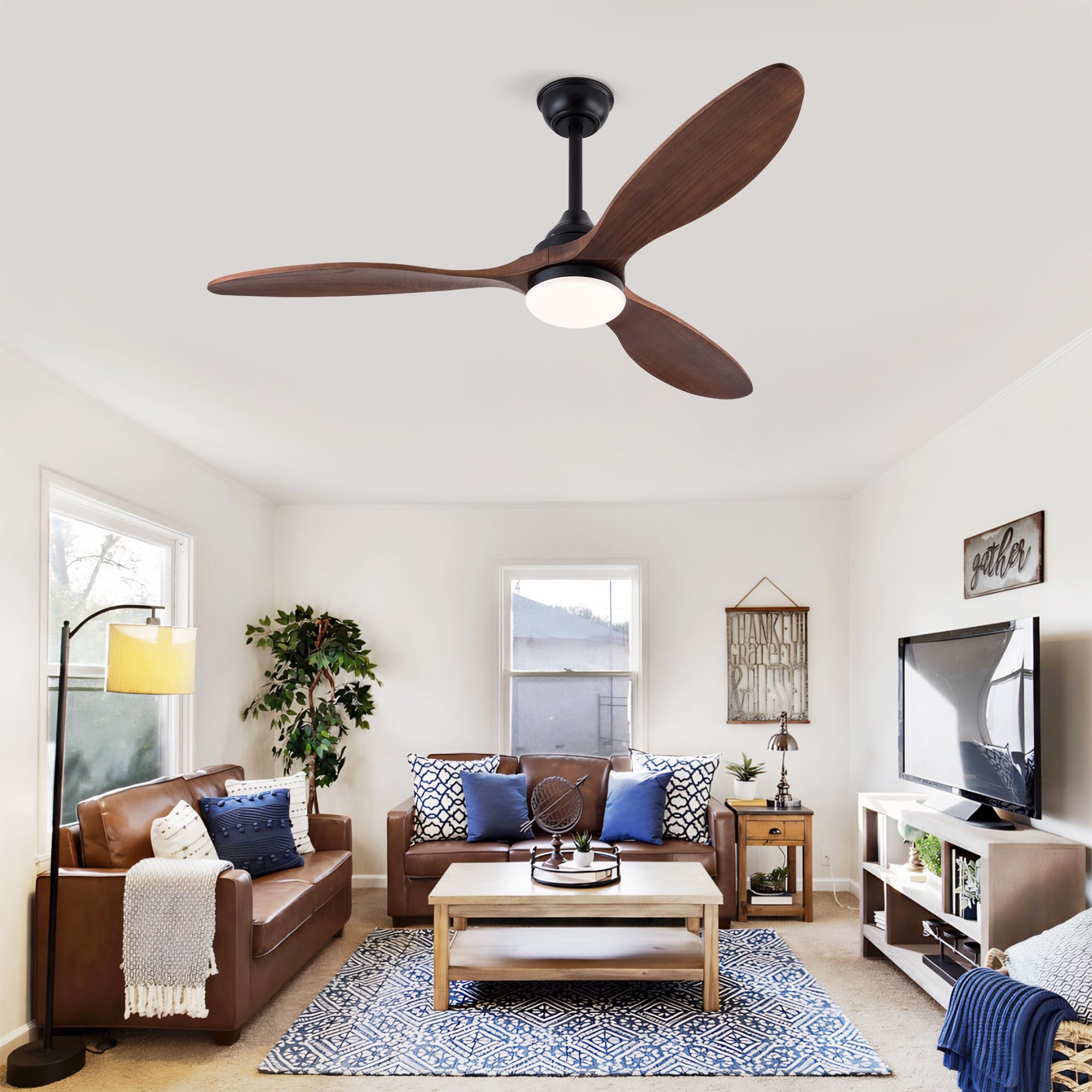 vutizal Ventilador de techo de 132 cm con iluminación, 3 aspas de madera maciza, LED regulable, 3 temperaturas de color, mando a distancia, Windcalm, motor DC silencioso, negro oscuro nogal, lámpara