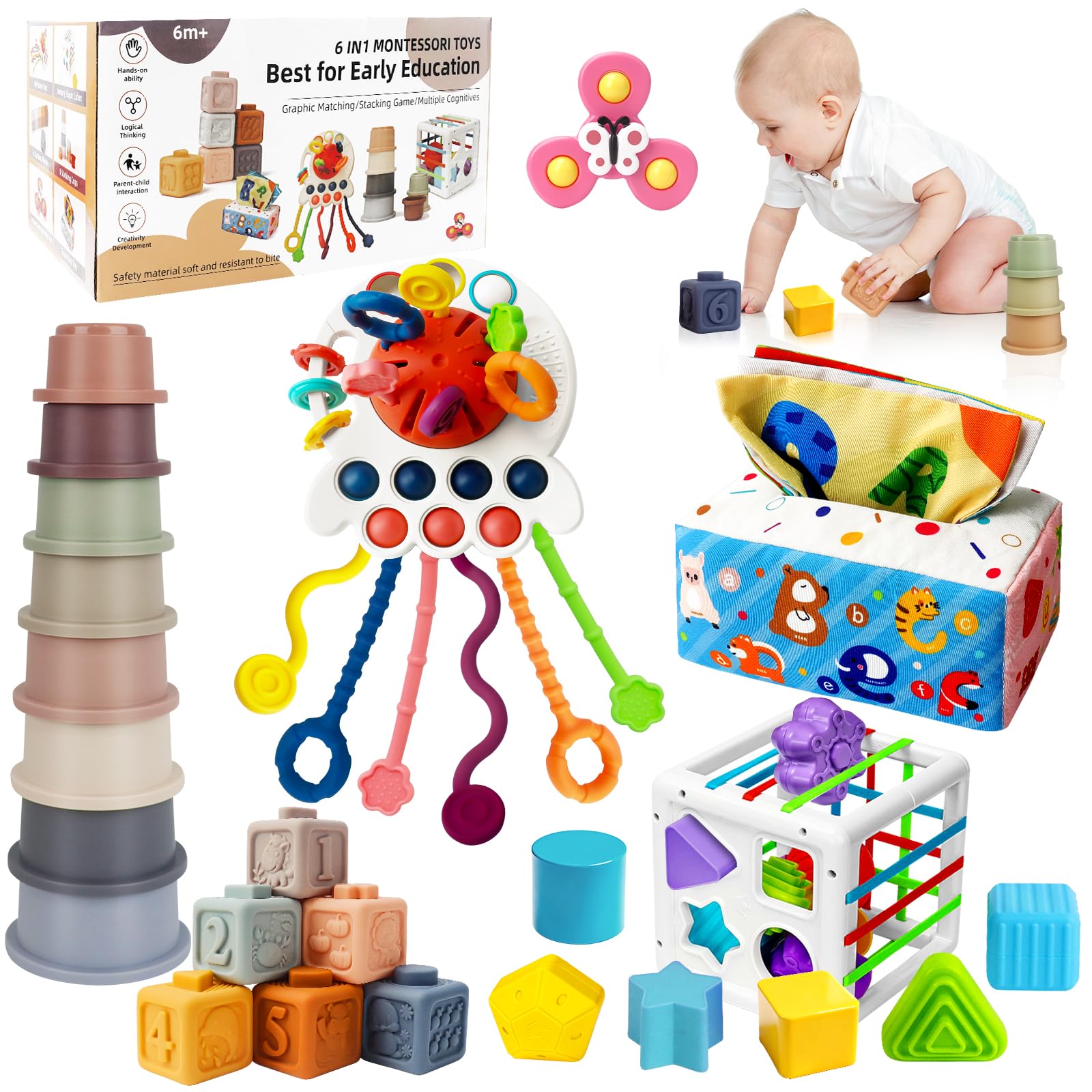 6 in 1 Baby Montessori Toys for 6-12 Months, Montessori Toys for Babies Incl Pull String Toy, Stacking Cups, Tissue Box Toy, Suction Cup Spinner Toys, Stacking Blocks, Activity Cube Gift for Boy Girl