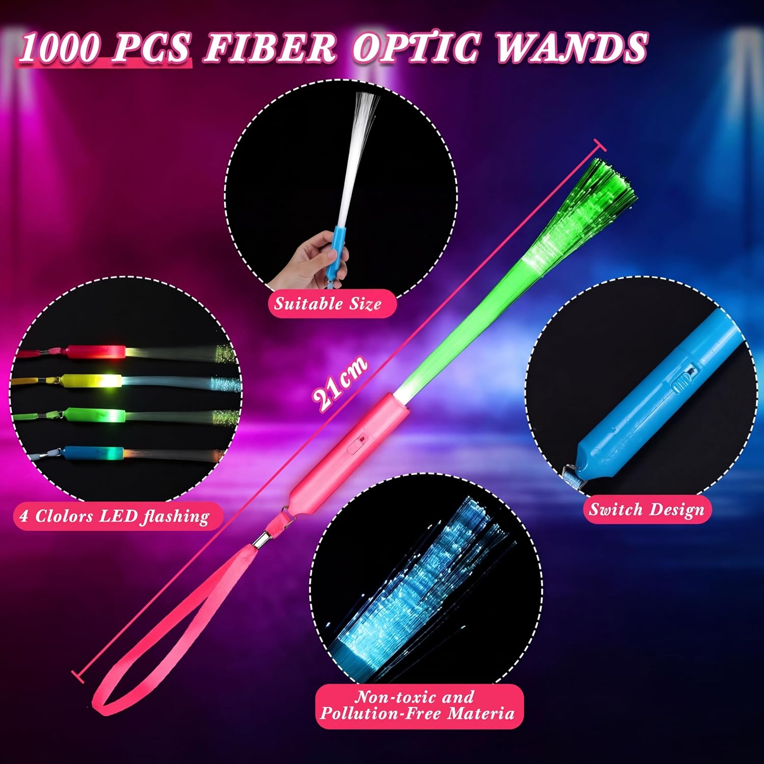 Junkin 800 Pcs Fiber Optic Wands Glow LED Light up Wand Bulk Flashing Sticks with Included Batteries for Party Favors Wedding Birthday Carnival