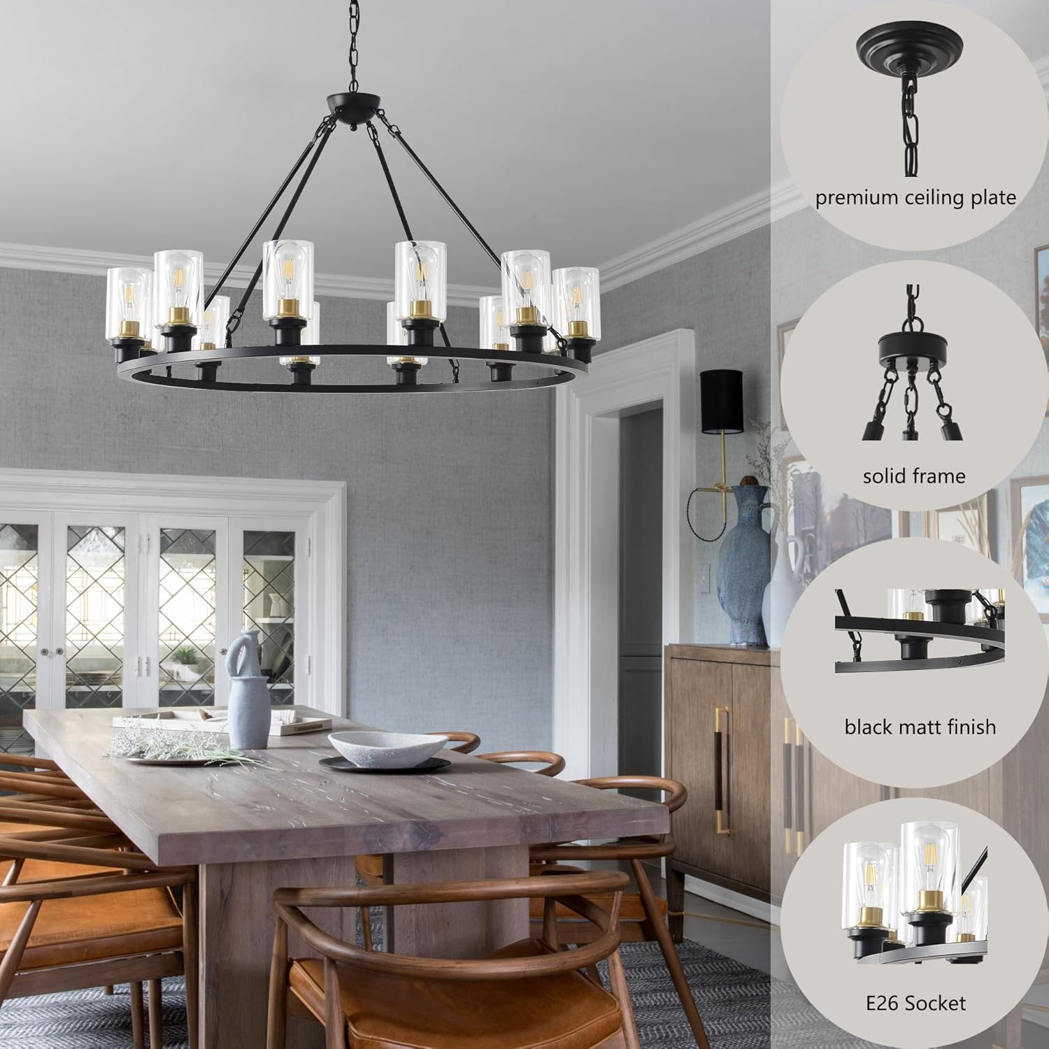 40" Large Farmhouse Black Wagon Wheel Chandelier 12 Light Rustic Wagon Wheel Light Fixture with Galss Shades Round Industrial Ceiling Hanging Pendant Light for Dining Living Room Foyer (Black-12T)