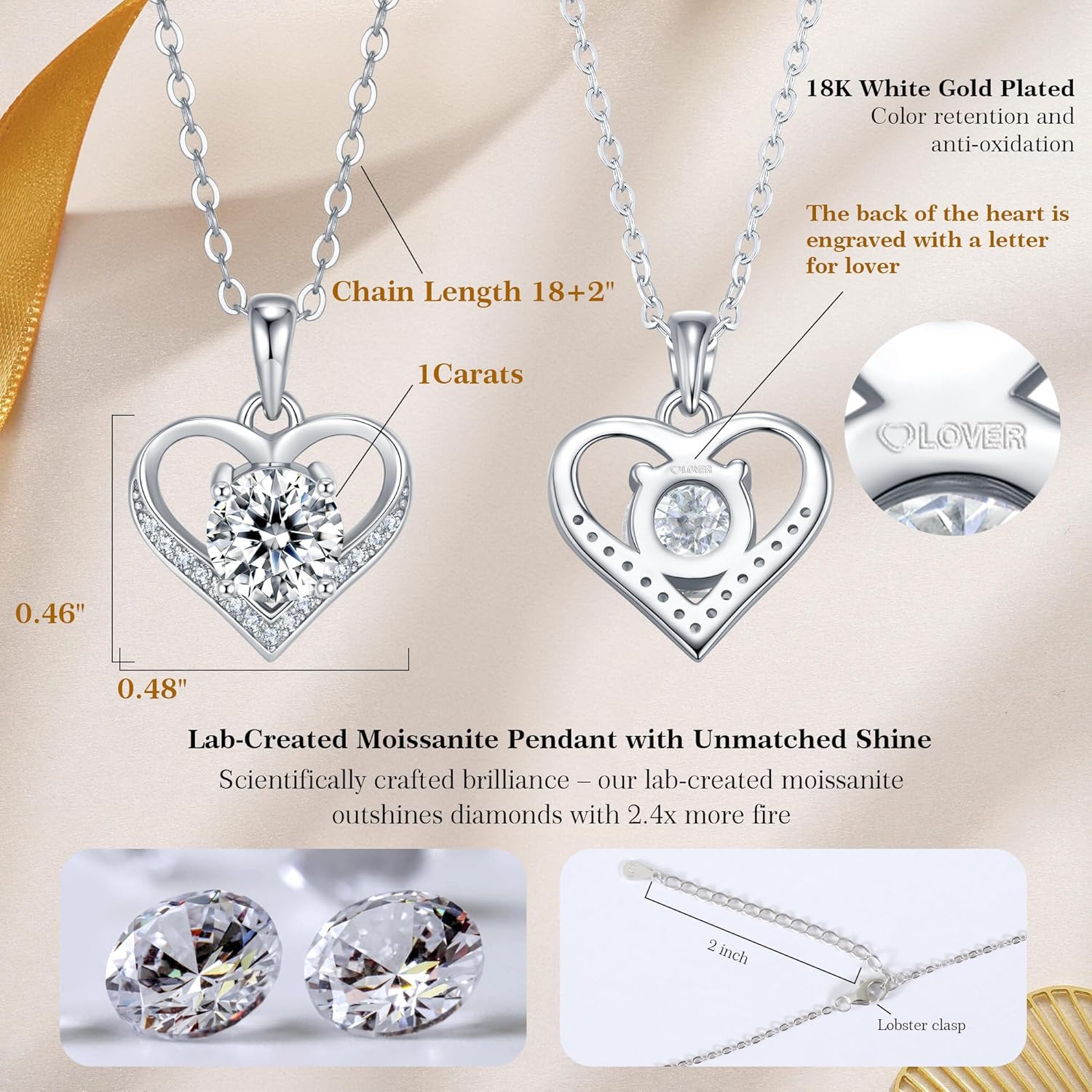 Moissanite Necklace for Women 1CT Heart Brilliant Heart Pendant Necklace D Color VVS1 S925 Sterling Silver Jewelry 18K White Gold Plated for Love Friend Mother’s Day Christmas Anniversary Birthday Gift for Wife Her Convey I Love You Message 18inch - Image 3