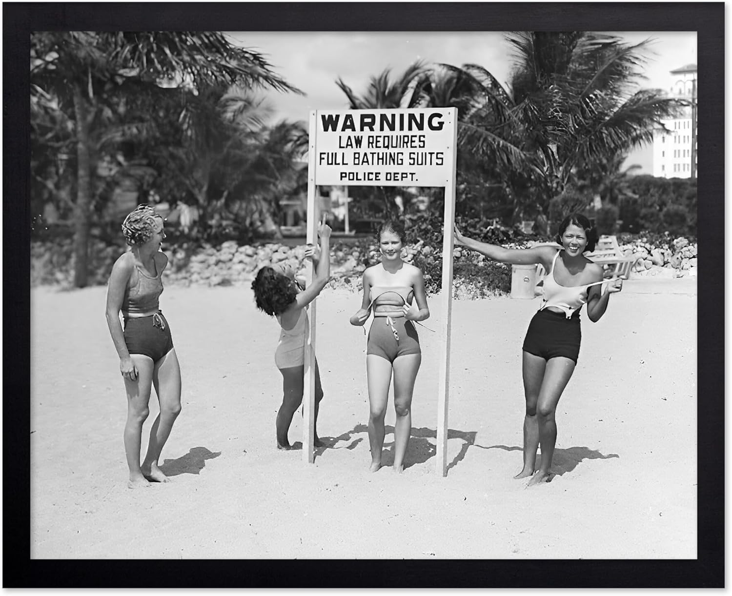 Poster Master Vintage Women on Beach Poster - Bathing Suits Print - Fashion Art - Gift for Men, Women, Swimmer - Coastal Decor for Bedroom, Living Room, Ocean or Beach House, 11x14 Black Framed