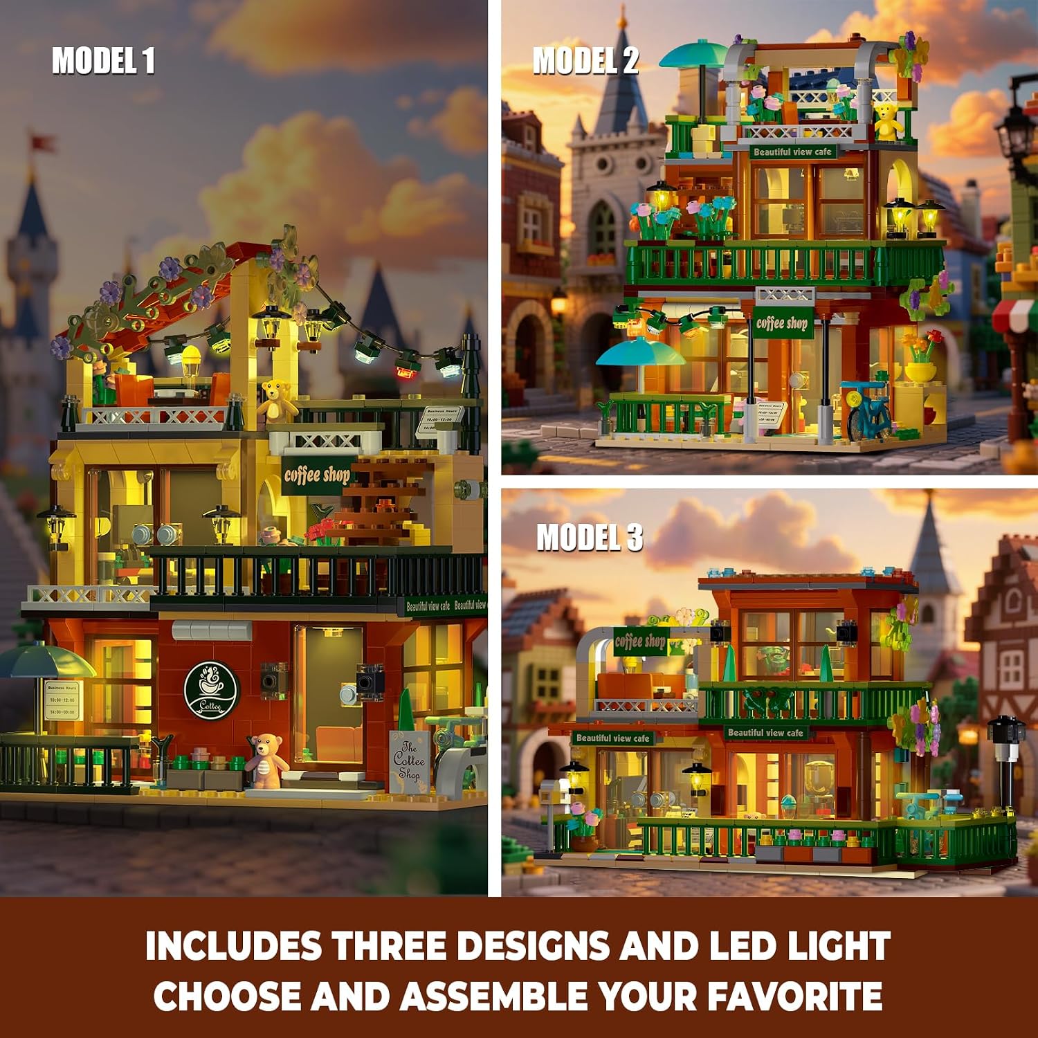 City Coffee House Building Block Set with Light, 3 in 1 Cafe Shop Building Set with Garden and Ordering Counter, Street View Architecture Model, Gift for Adults Girls 6-12（875PCS）