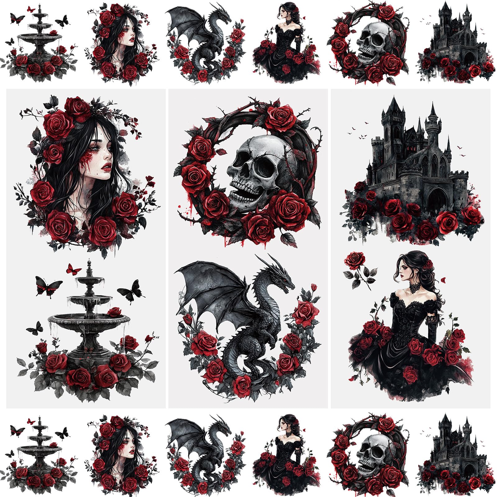 WANDIC 3 Sheets Rub On Transfer Stickers, Retro Dark Theme Waterproof Decals Furniture Craft Decorative, Junk Journals for DIY Scrapbooking, 15 * 30cm