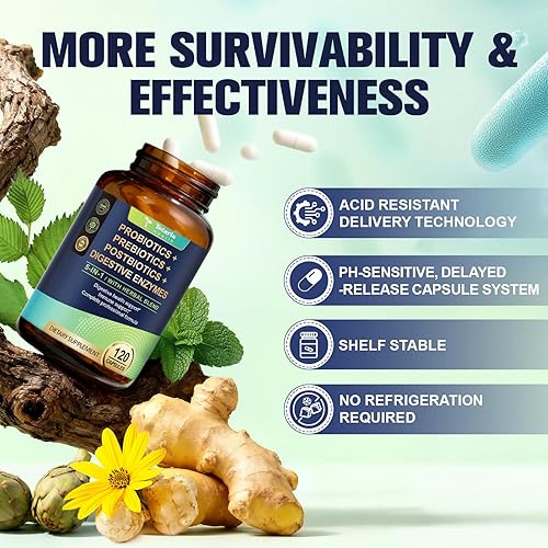 Miniatura 7 de Totaria Prebiótico y postbiótico probiótico 5 en 1 de 60 mil millones de UFC para mujeres y hombres, con enzimas digestivas, olmo resbaladizo, salud