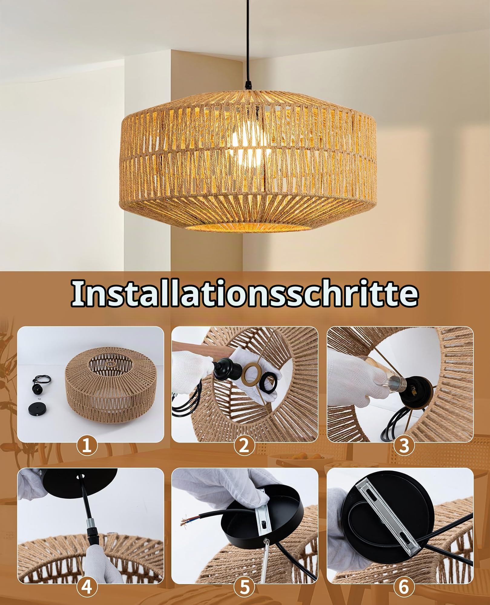 JAYNLT Pendelleuchte Rattan - Vintage Boho Pendelleuchte Hängelampe, E27 Rattan Deckenlampe Hängend, Ø30cm Hängeleuchte Geflochten für Wohnzimmer Schlafzimmer Küche