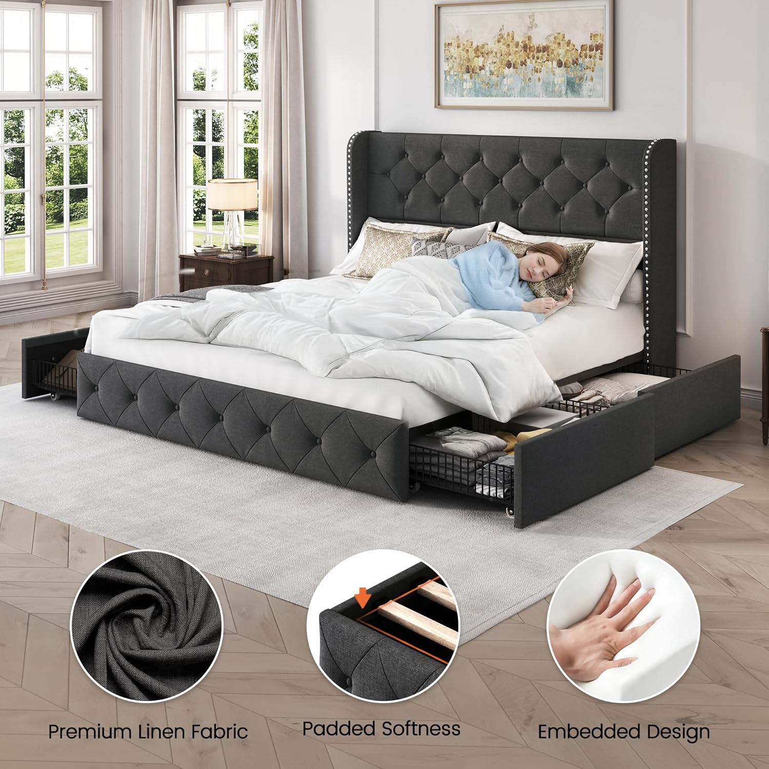 LARMACE Upholstered Queen Size Bed Frame with 4 Storage Drawers and 47.2" Tall Wingback Headboard Tufted Platform Bed Frame Linen Beds with Wooden Slats Support, Easy Assembly, Dark Grey