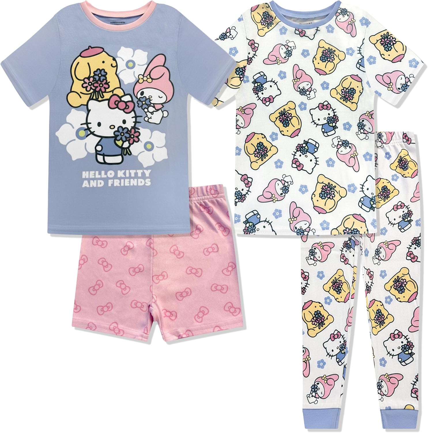 Hello Kitty Girls 4 Piece Pajama Set - Tight Fit Soft Short Sleeve Shirt, Shorts & Pants - Kids Sleepwear - Official License