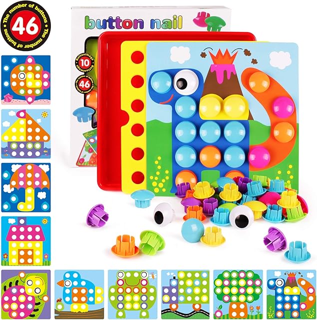 AMOSTING 3D Puzzles for Kids Creative Gifts Peg Puzzle Buttons Art Mushroom Nail Mosaic Pegboard DIY Jigsaw Plastic Building Bricks Pegging Board- Baby Early Learning Toys Toddler Educational Toys