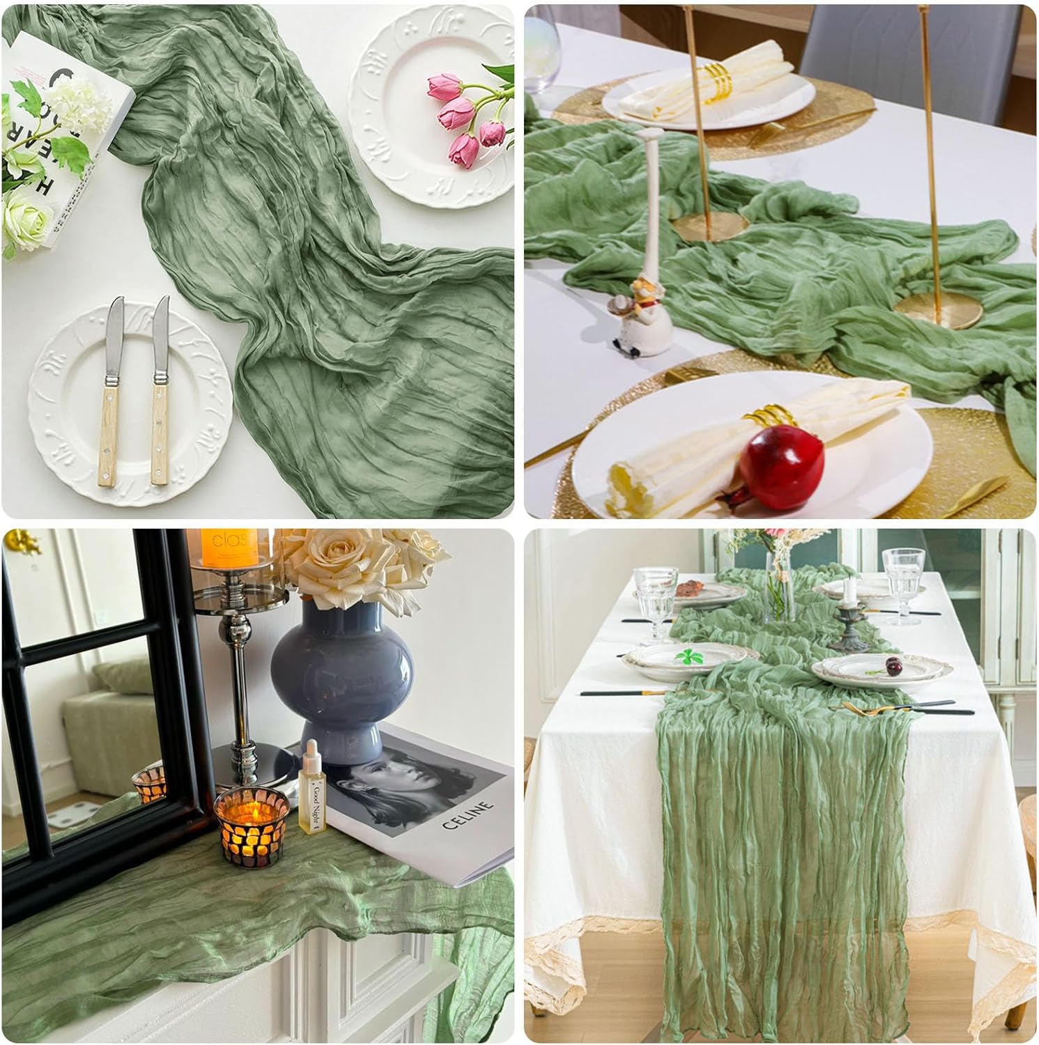 1 Pack Cheesecloth Table Runner Rustic Sheer Boho Gauze 35 x 120 Inch Centerpiece Cheese Cloth for Bridal Baby Shower Summer Spring Decorations Sage Green - Image 5