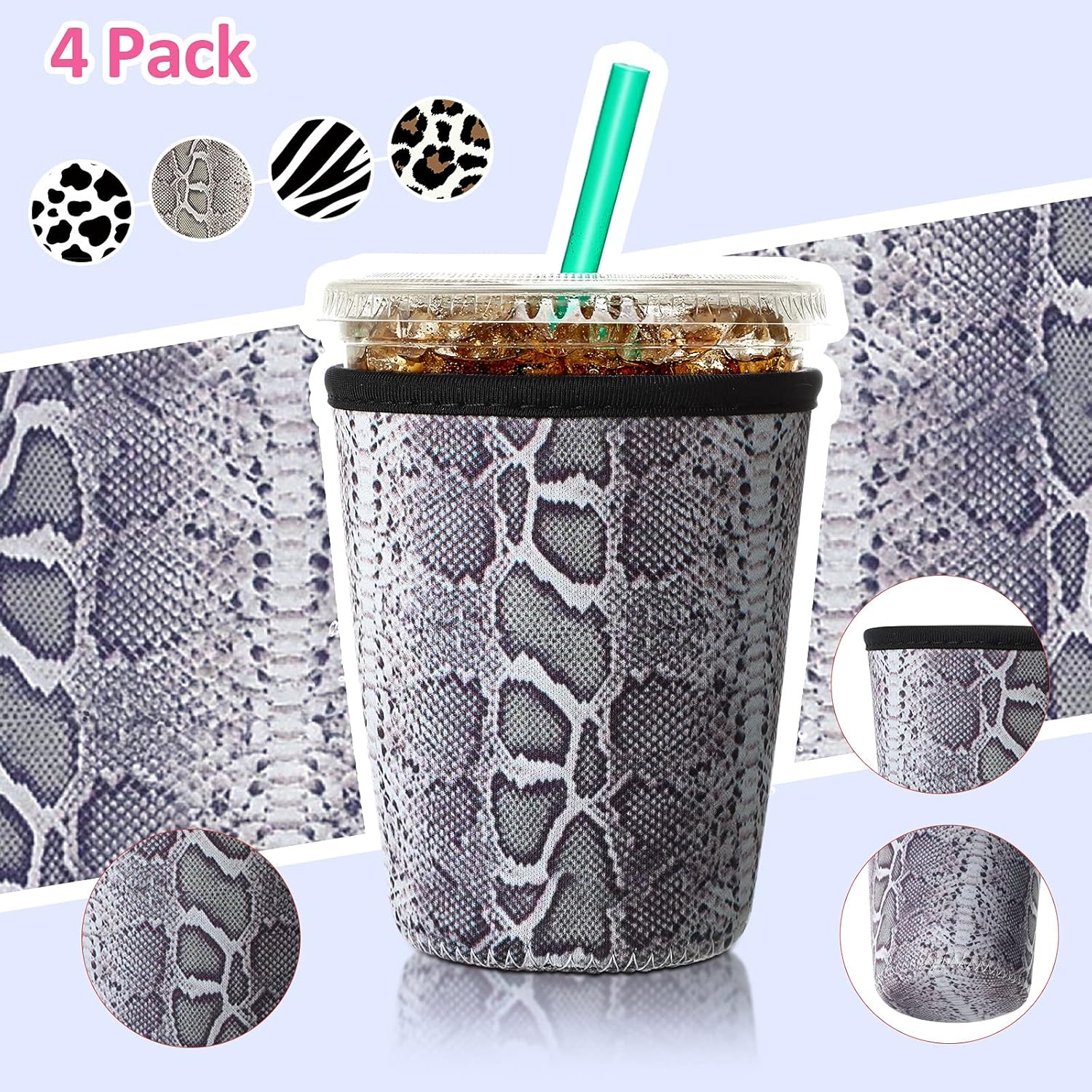 Patelai 4 Pack Reusable Iced Coffee Insulator Sleeve, Neoprene Coffee Cup Holder for Iced Hot Drinks, Beverage Holder for Most Drinks(16-20 oz Small,Animal Print)