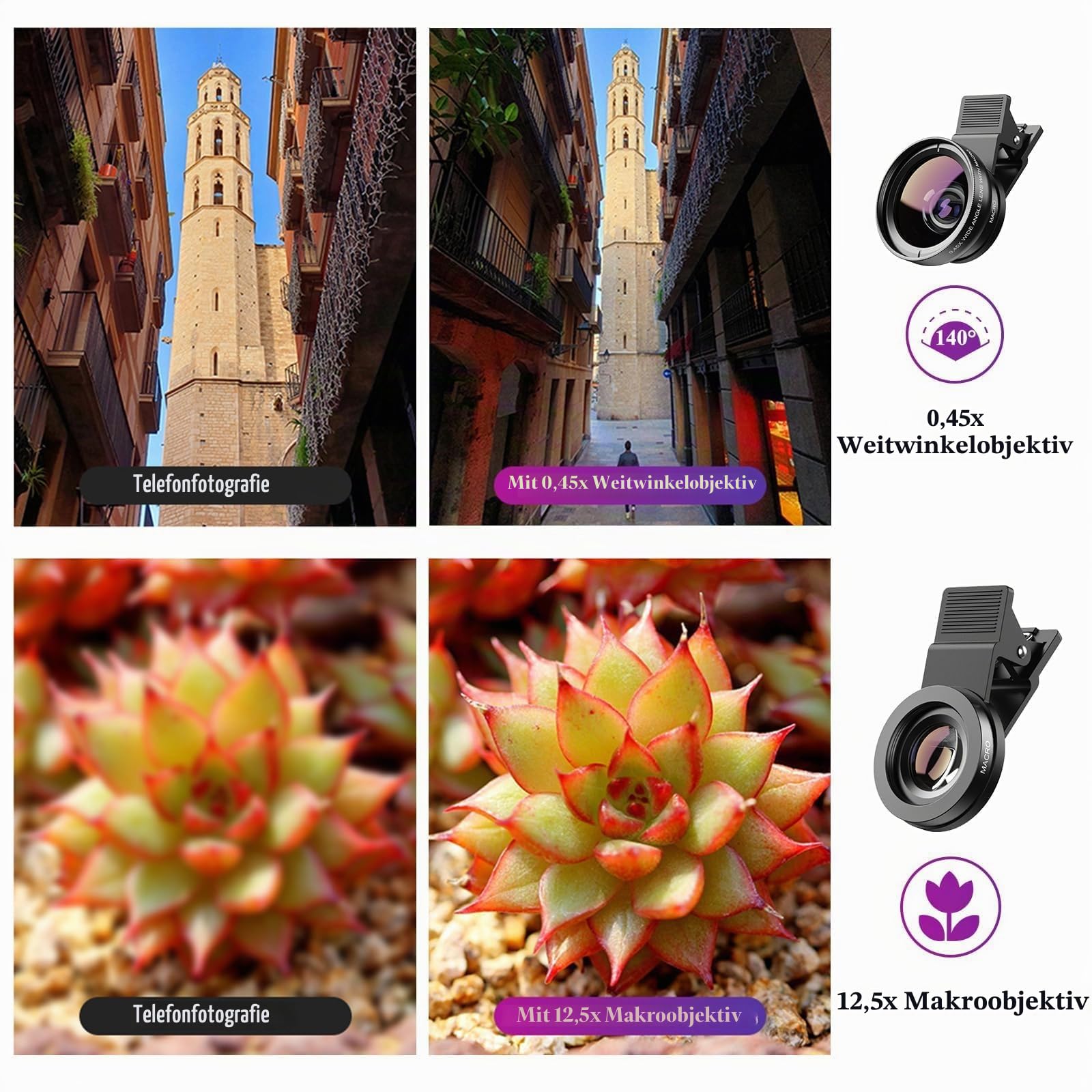 2-in-1 Universal Handy Kamera objektiv, Handy objektiv, 12,5-Fach Makro Objektiv Handy für iPhone, 0,45-faches Weitwinkelobjektiv, für die meisten Smartphones