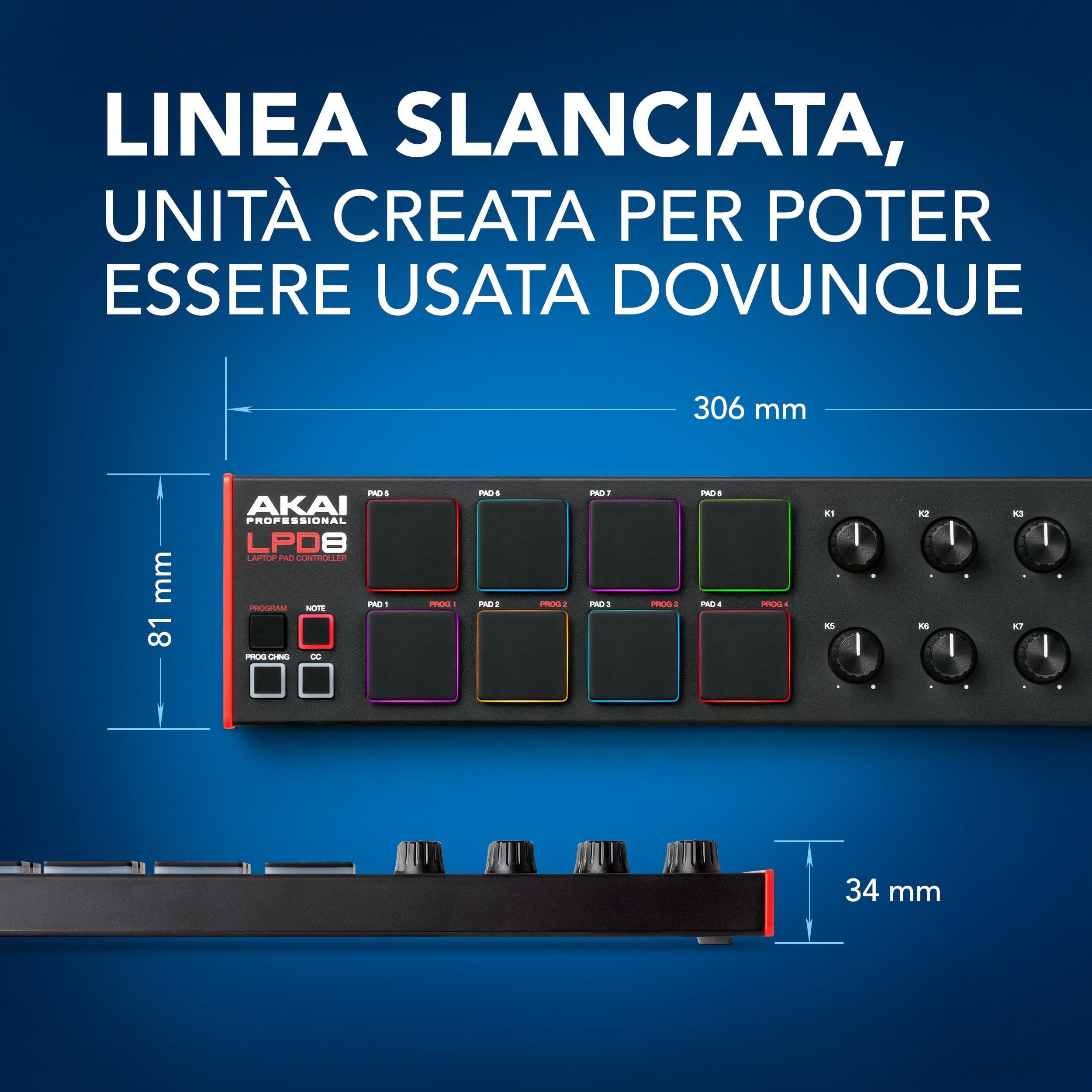 Akai Professional LPD8 - Controller MIDI USB con 8 Drum Pad MPC Reattivi per Mac e PC, 8 Manopole Assegnabili e Software per la Produzione Musicale