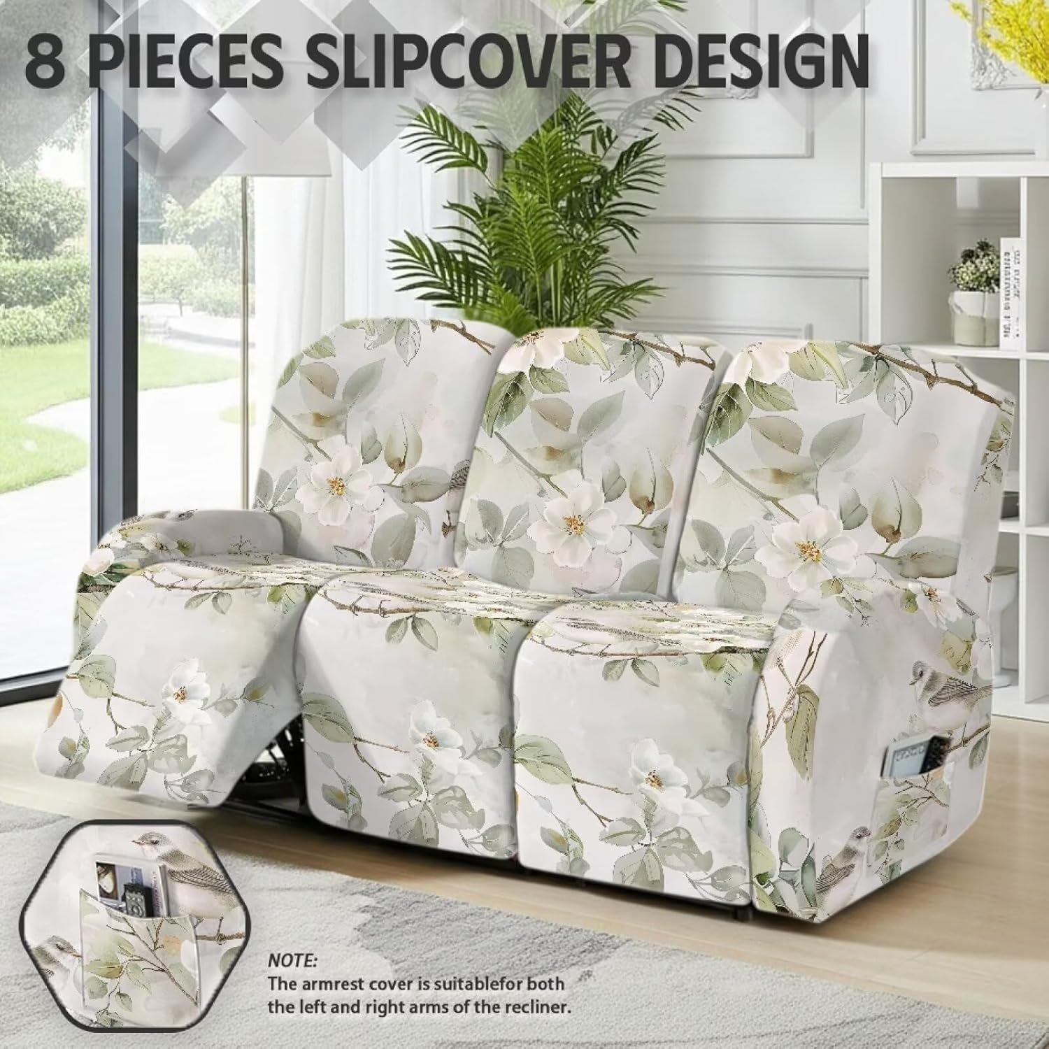 Bird Flower Sofa Slipcover for 3 Cushion Couch, Couch Cover for Dogs Washable, 8 Pieces Spandex Fabric Stretch Covers for 3 Seat Reclining Chair, Home Decor