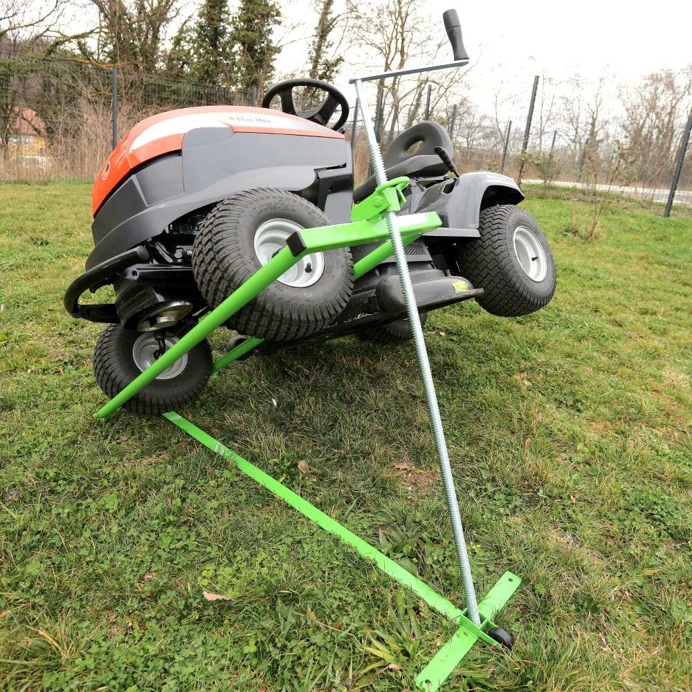 TERRE JARDIN - Lève Tracteur Tondeuse, Pliable à roulettes, avec Treuil, Cric de Levage 350 kg, Inclinaison 44°, Hauteur Max 80 cm - Lève Tondeuse à Gazon Tracteur, Stable et Robuste