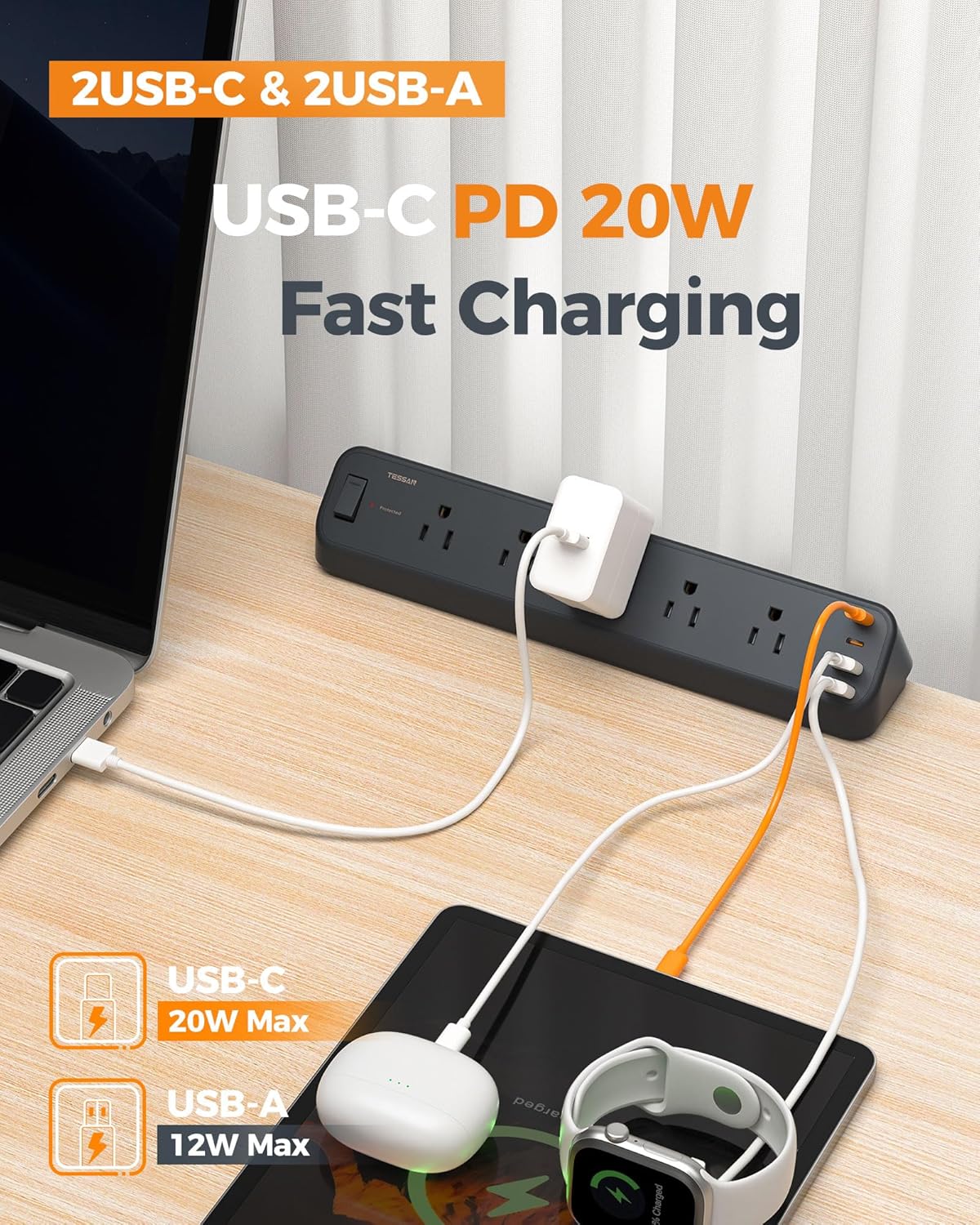 TESSAN Desk Clamp Power Strip 6 Ft, 2100J Surge Protector Desk Charging Station, 5 Outlets with 4 USB Ports (2 USB C), Flat Plug Extension Cord with Multiple Outlets for Home Office Dorm Room, Black