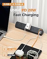 Vista 5 de Desk Clamp Power Strip Black, TESSAN 6 Ft Flat Plug Extension Cord with Multiple Outlets, 5 Outlets with 4 USB (2 USB C), 2100J Surge Protector