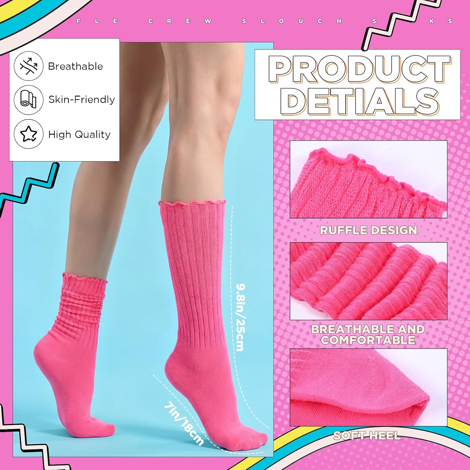 6 Pairs Ruffle Slouchy Crew Socks for Women Scalloped Socks Turncuff Soft Lettuce Women's Slouch Scrunch Boot Sock