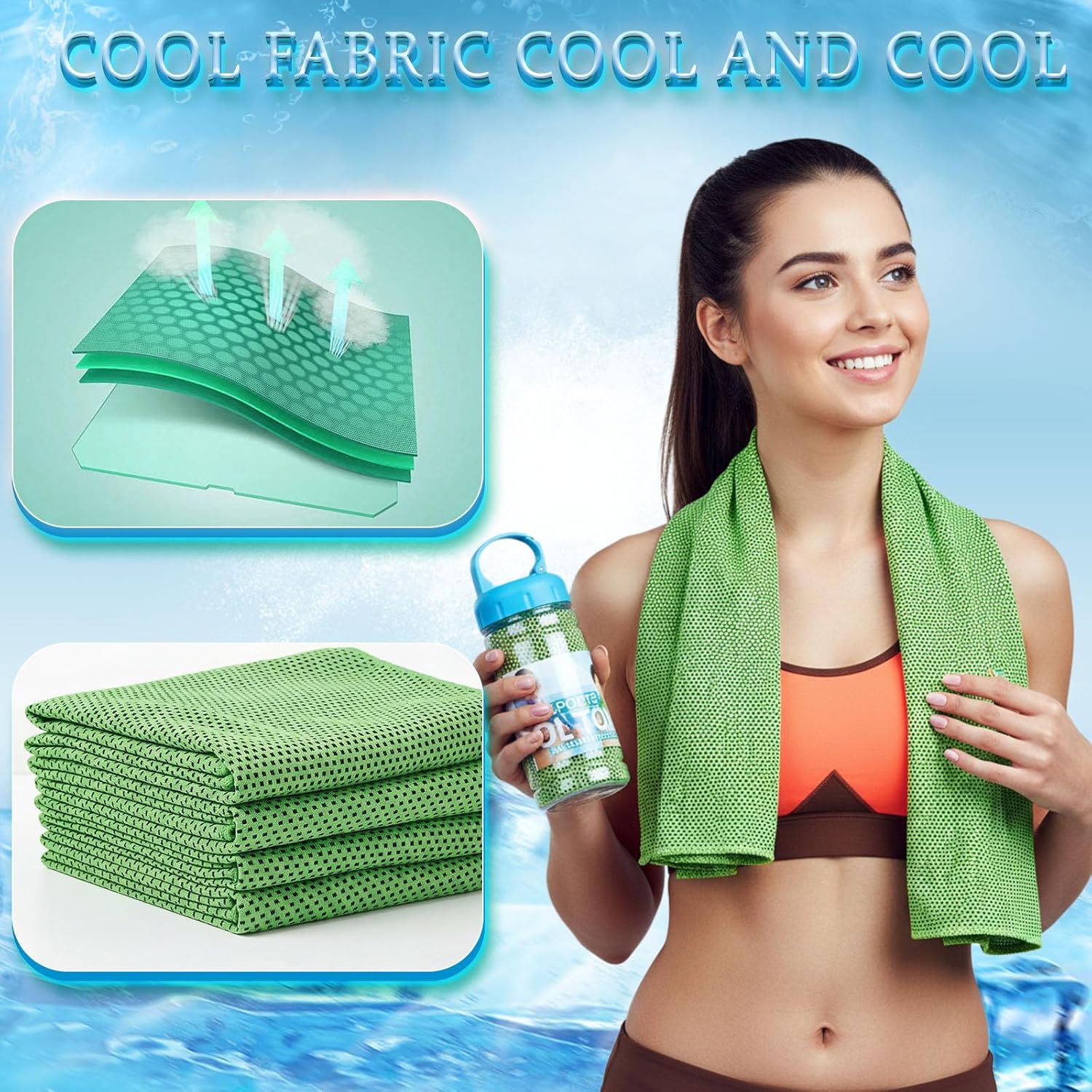 Honoson 10 Pcs Cooling Towels for Neck and Face, 47"x12" Sports Breathable Ice Towels Microfiber Chilly Sweat Rags with Portable Bottle for Gym Golf Athletes Yoga Workout Hot Weather (Green)
