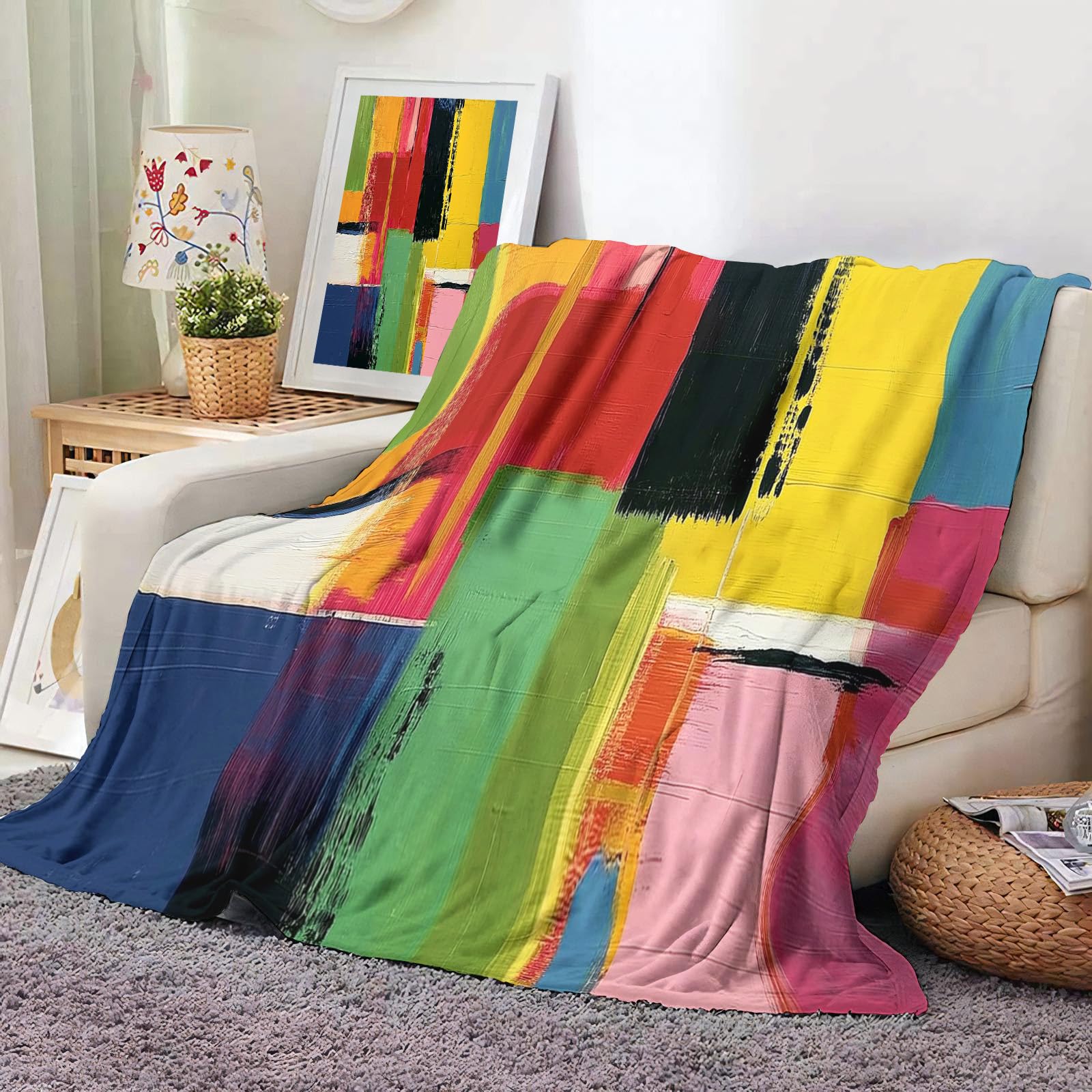 Couverture polaire flanelle 150x200cm à grands carrés colorés pour lit