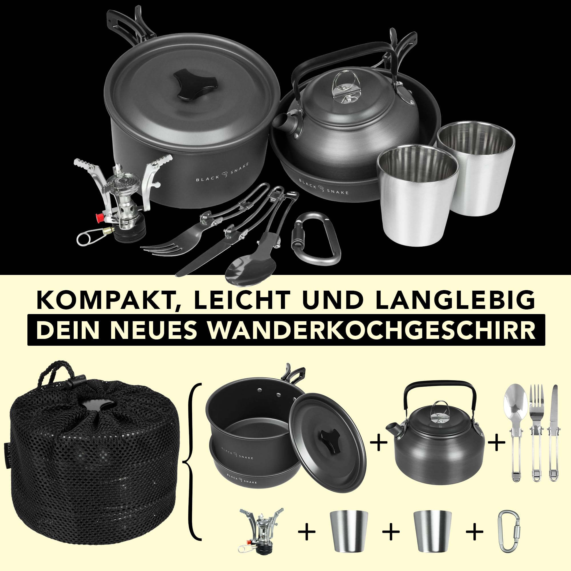 Camping Geschirr Set 10-teilig für 1-2 Personen - Kochgeschirr mit Topf Pfanne Kessel Becher Besteck und Zünder - Outdoor Kochset kompakt & leicht