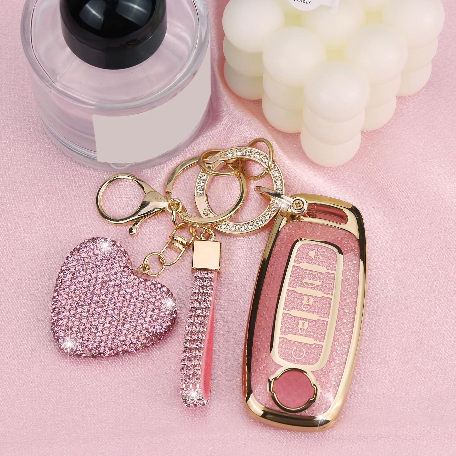 Key Fob Cover with Diamond Keychain Compatible with Nissan Car Key Holder Compatible with Nissan Rogue Pathfinder (2023 2024 2025) Sentra (2024 2025) for Women, 5 Buttons (Pink-Heart)