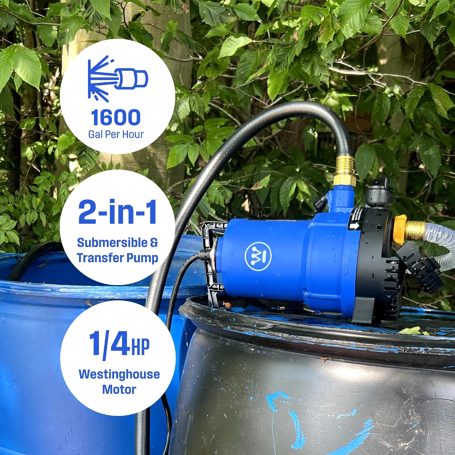 Westinghouse 1/4 HP Submersible Utility Pump – 2-in-1 Water Transfer & Sump Pump for Pool Draining, Flooded Basement & Emergency Water Removal, 10-Ft Power Cord, Garden Hose & Strainer Included