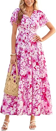 PRETTYGARDEN Women Summer Maxi Dresses 2026 Short Sleeve V Neck Button Floral Tiered Flowy Boho Sundress Beach Outfits