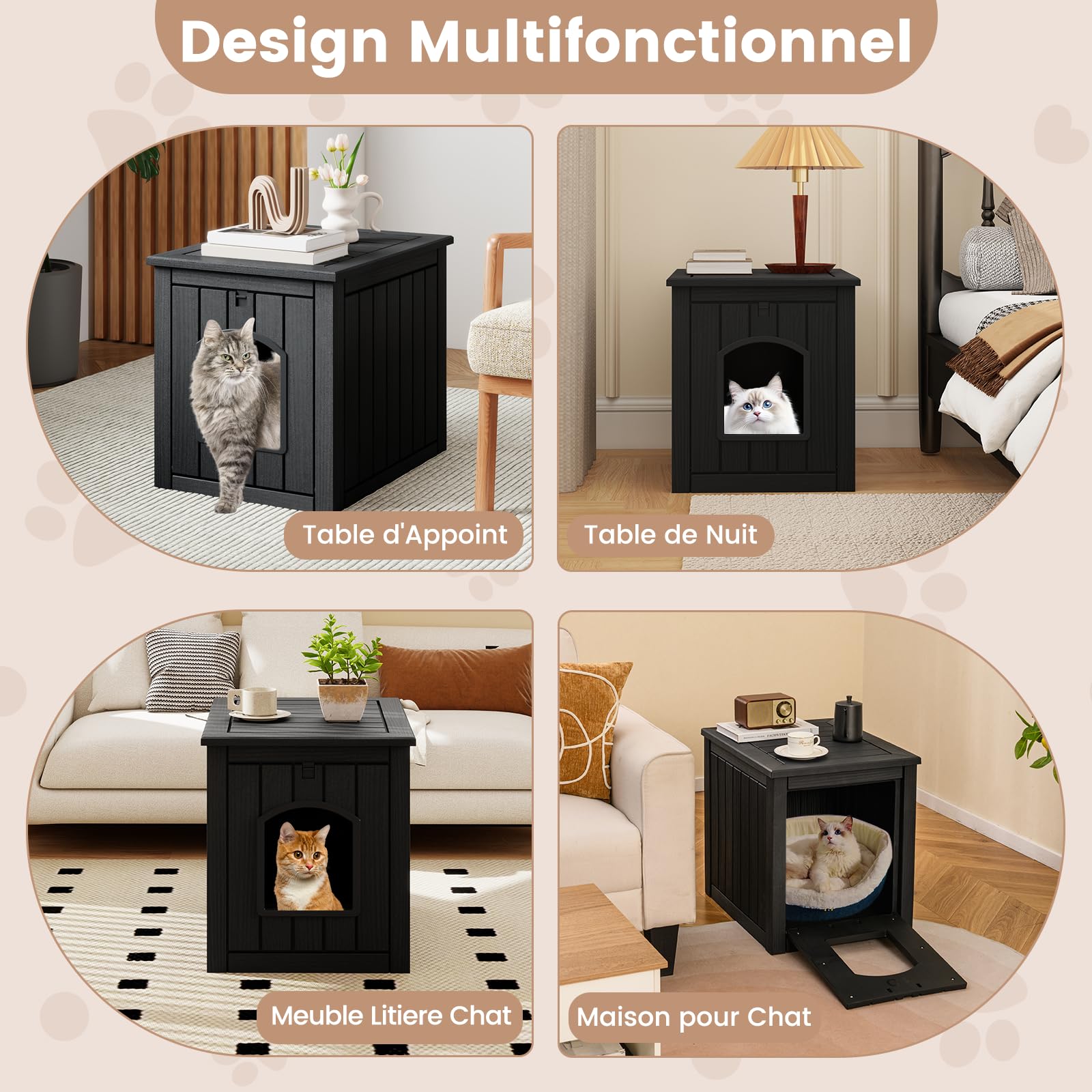 COSTWAY Maison pour Chat Interieur Exterieur en PP, Porte à Battant, 4 en 1 Meuble Litiere Chat, Verrouillage de Sécurité, Base Surélevée, Niche pour Chaton Chien Lapin, 60 x 47 x 54,5 cm (Noir)
