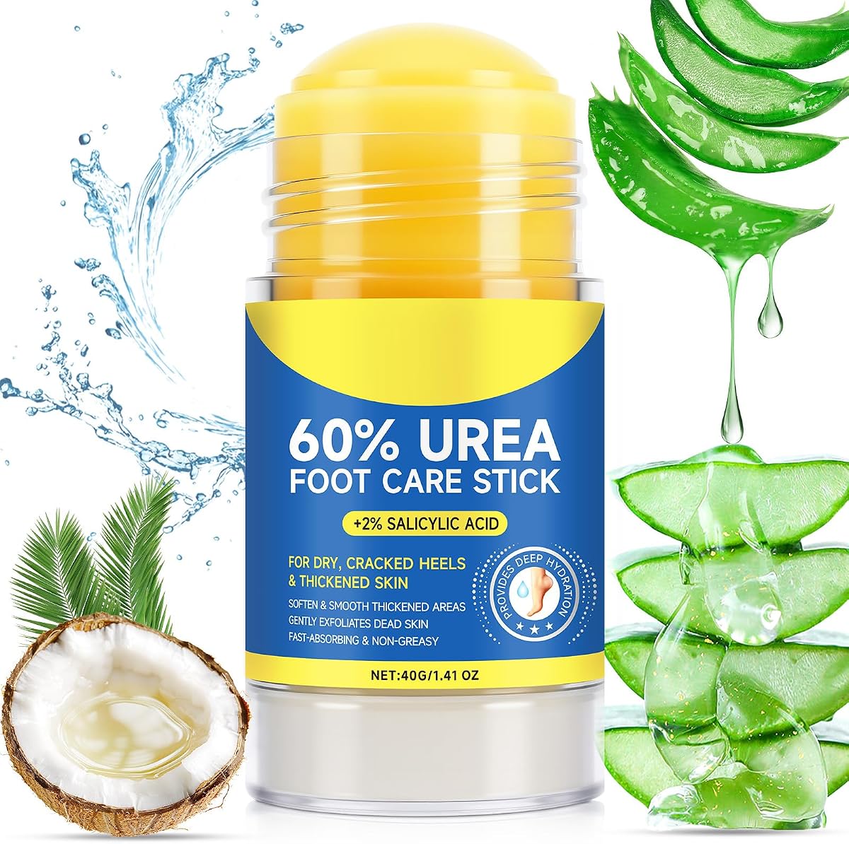 60% Urea Foot Care Stick with 2% Salicylic Acid, Urea Foot Cream for Cracked Heel Repair & Callus Remover, Dry Feet, Elbows, Knees, Hands, Moisturise & Soften Skin