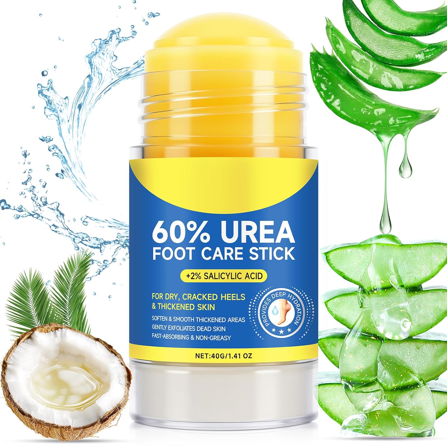 60% Urea Foot Care Stick with 2% Salicylic Acid, Urea Foot Cream for Cracked Heel Repair & Callus Remover, Dry Feet, Elbows, Knees, Hands, Moisturise & Soften Skin (40G)