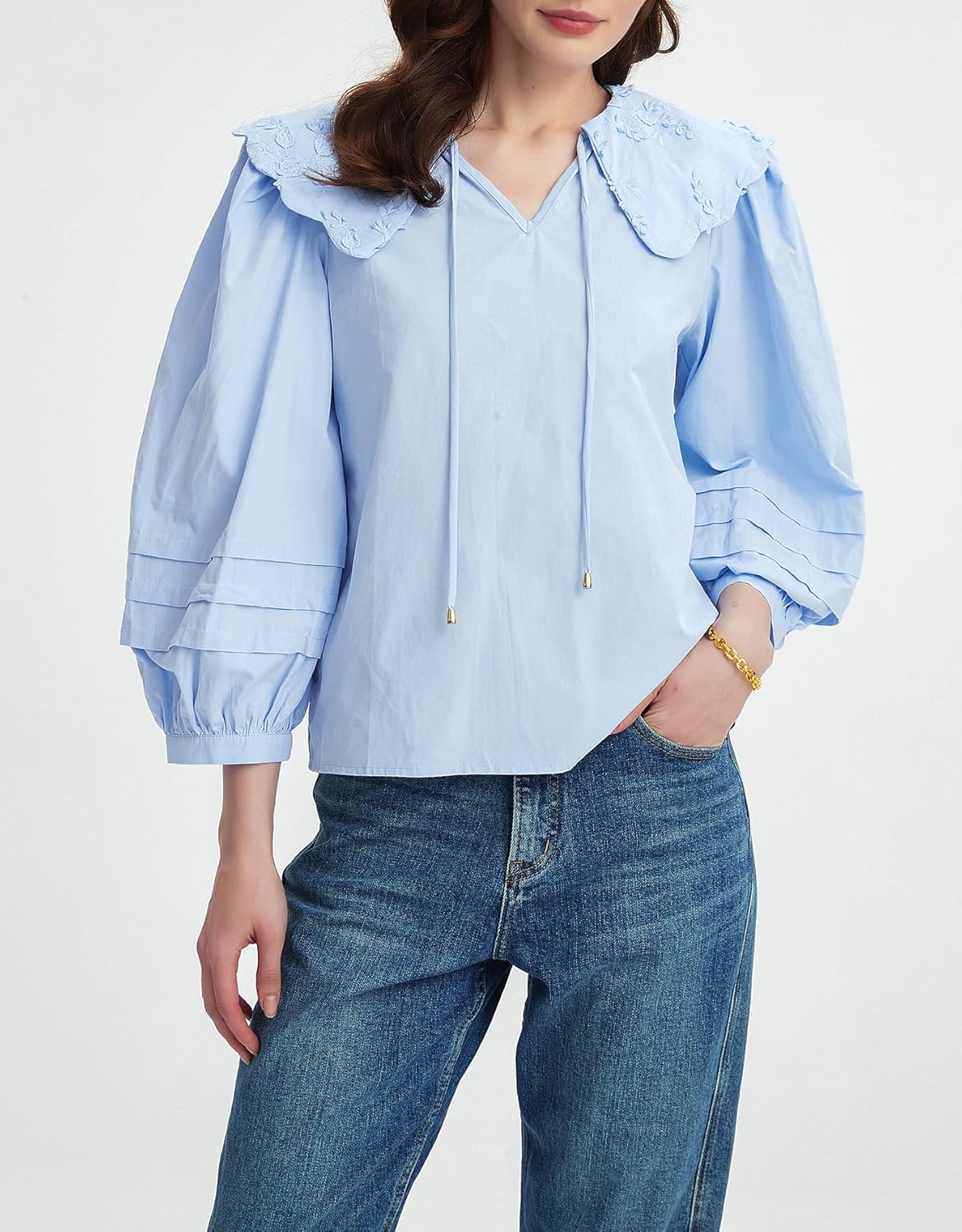 Kedera Women's 3/4 Sleeve V Neck Blouses with Embroidered Collar Dressy Summer Tops Casual Loose Fit Shirt with Tie - Image 3