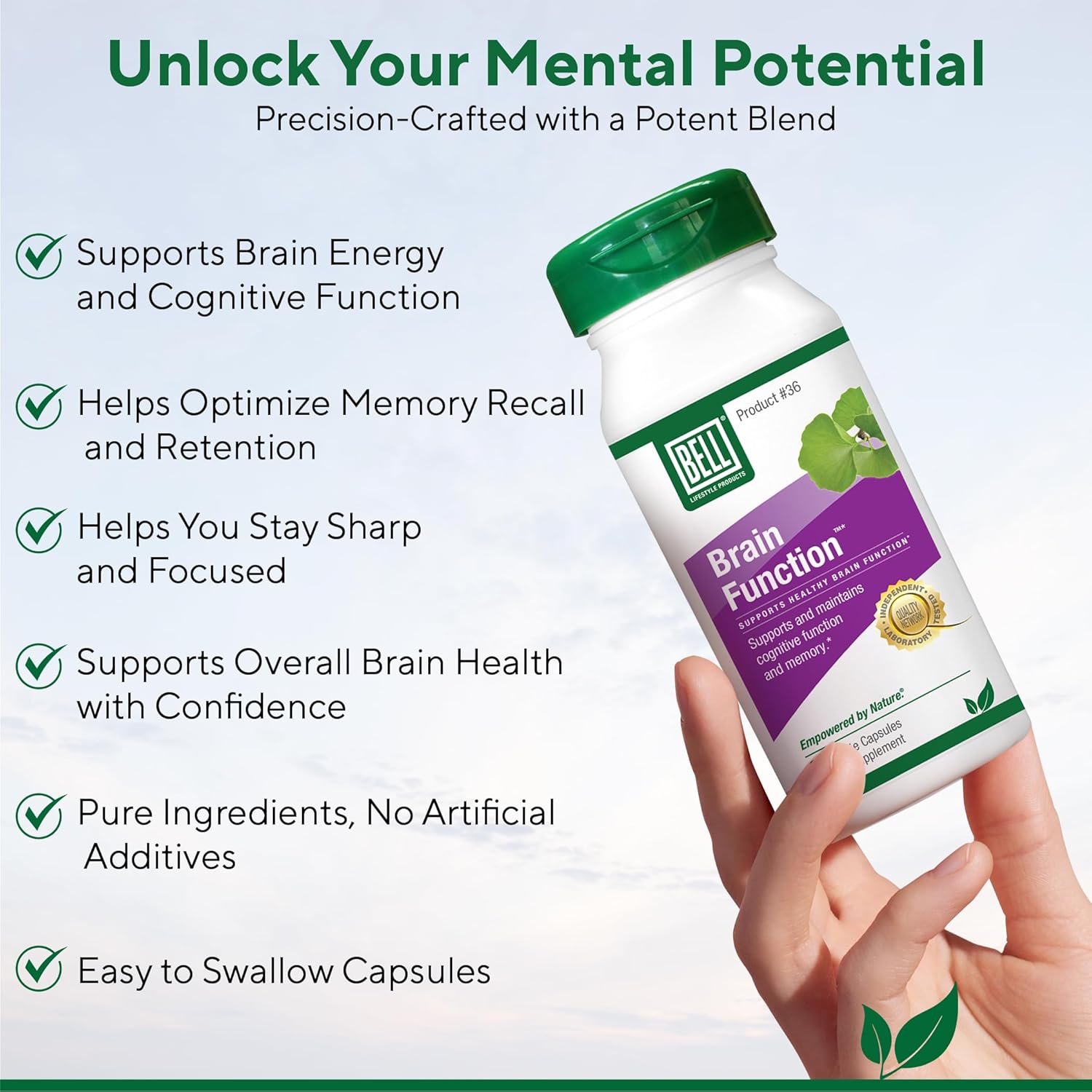 Bell Brain Function Lifestyle, Supports Cognitive Health with Ginkgo, Vitamin B12, Folate - 60 Vegetarian Capsules