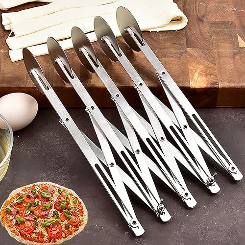 Miniatura 8 de Juego de 3 cortadores de masa de acero inoxidable de 5 ruedas con espátula de pizza y raspador de tazón de masa, rueda cortadora de pastelería