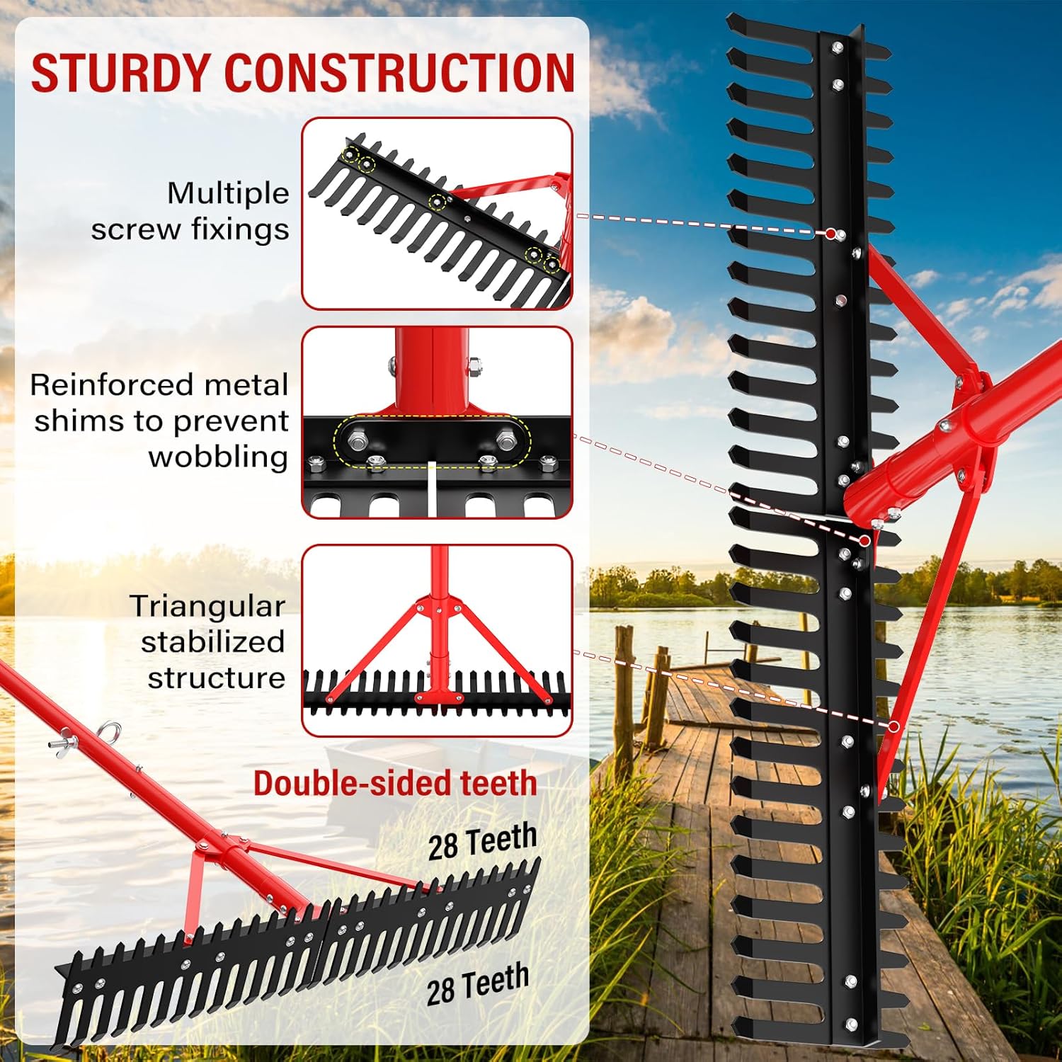 Adjustable Aquatic Weed Rake 【2025 Upgrade Patents Pending】,Heavy Duty Aluminum Pond Rake,Double Sided Floating Lake Rakes for Removal of Weeds, Leaves & Floating Scum
