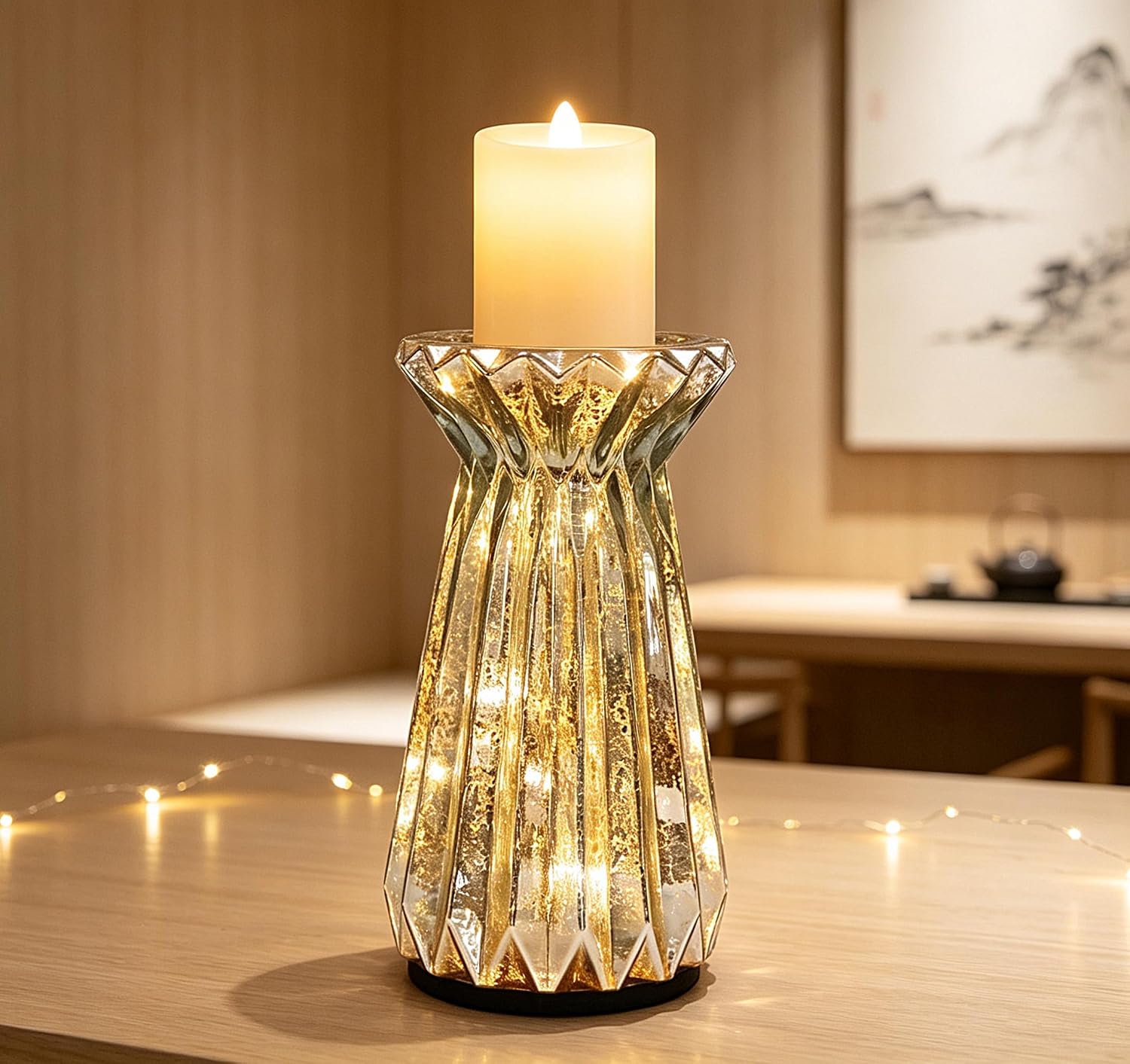 Home Decor, Mercury Glass Pillar Candle Pedestal Holders with 10 Led Lights, Lighted up Candle Holder for Pillar Candle, Glass Candlestick Holders with Timer for Wedding Dining Table Xmas (Silver) image 5