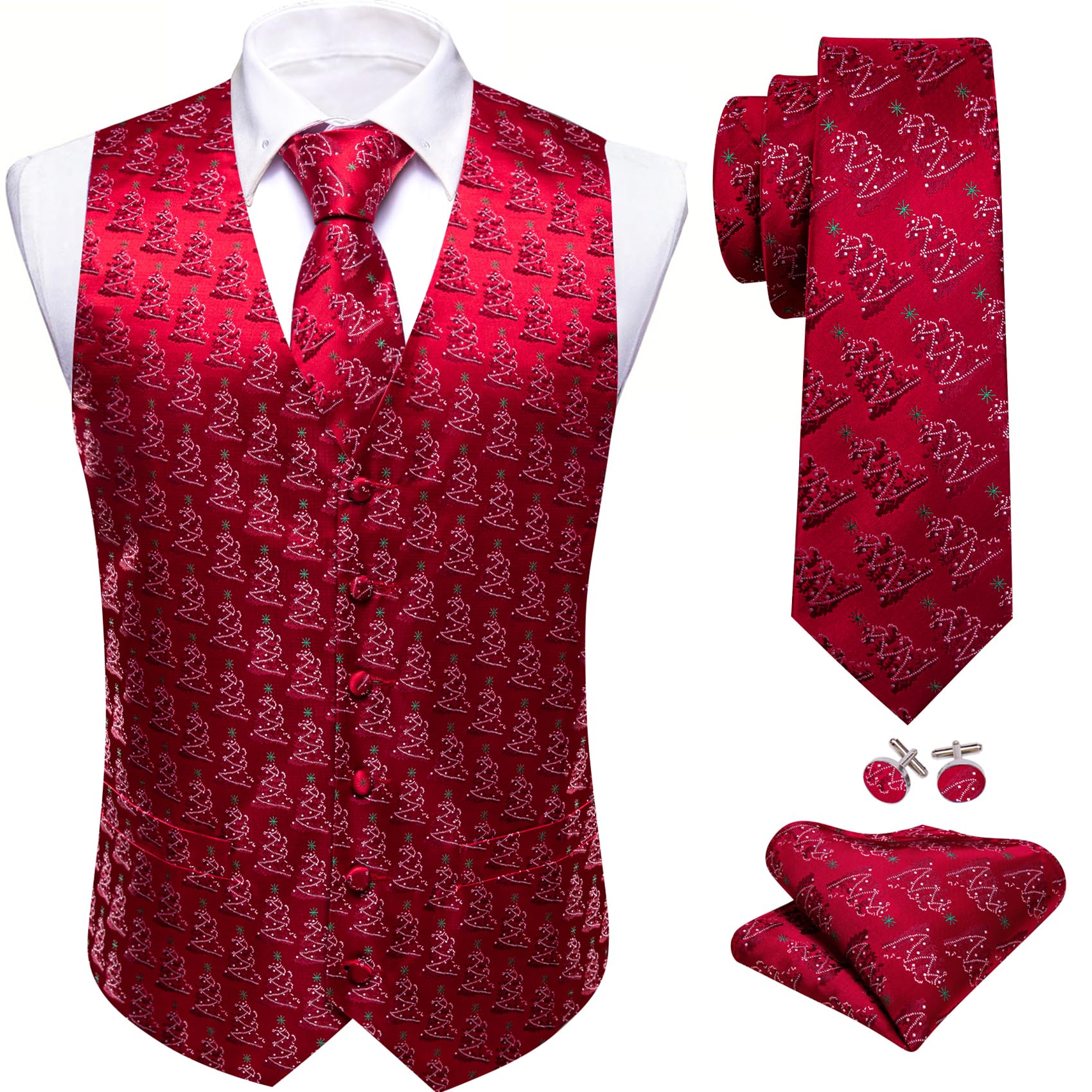 Barry.Wang Mens Red/Green Christmas Suit Vest Tie Holiday Xmas Waistcoat