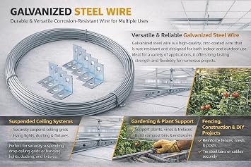 Suspended Ceiling Grid GALVANISED Coil Wire 10 Meter Hanging Fencing Tension 2MM Metal Wire with 10 Hanging Brackets Clips for Frame