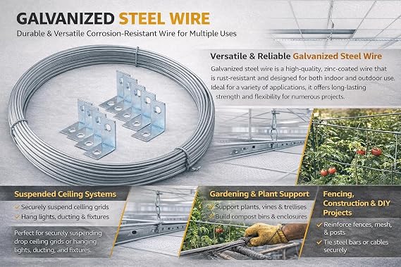 Suspended Ceiling Grid GALVANISED Coil Wire 10 Meter Hanging Fencing Tension 2MM Metal Wire with 10 Hanging Brackets Clips for Frame