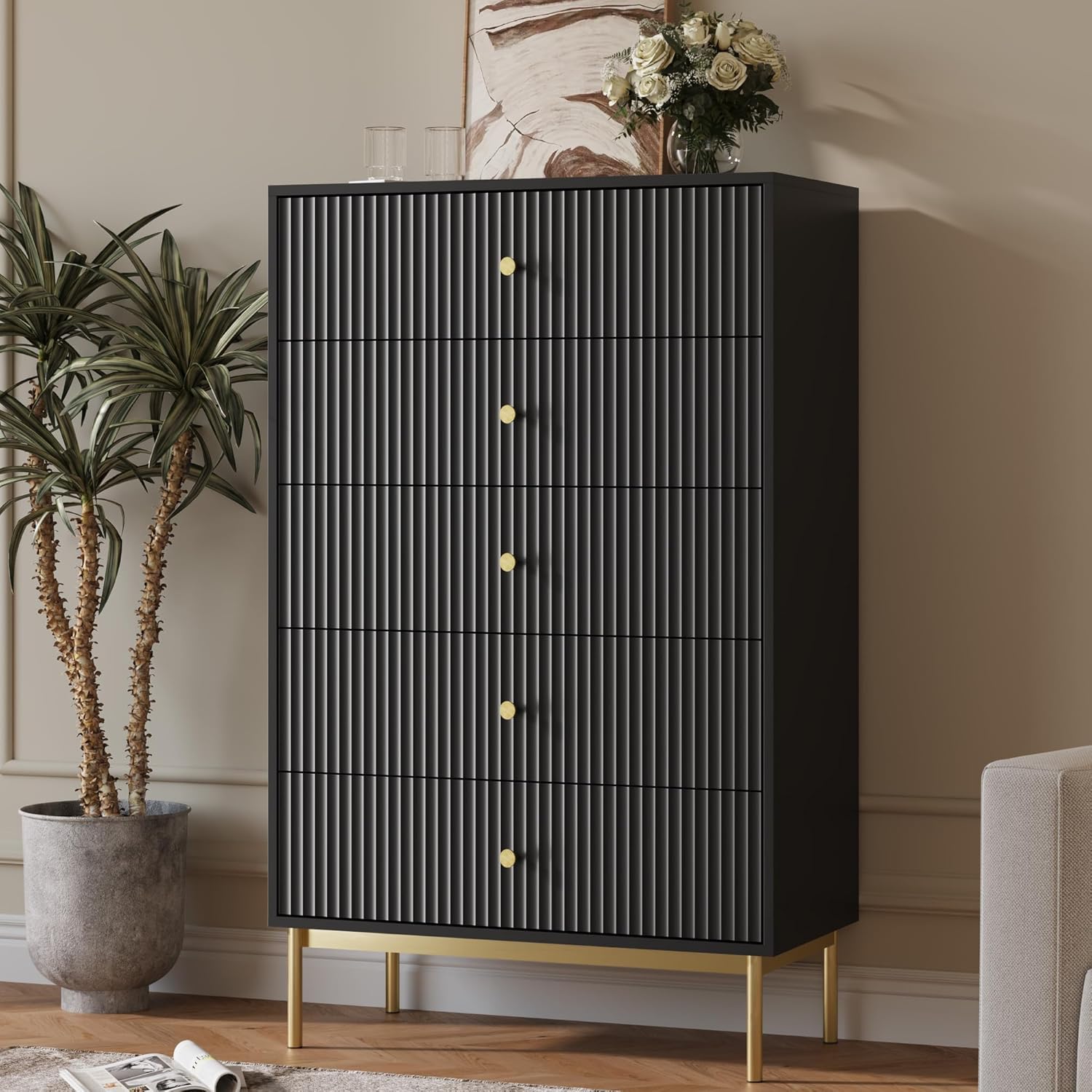 5 Drawer Dresser for Bedroom, Tall Dresser Chest of Drawers with Gold Handles, Wood Storage Cabinet for Bedroom, Black