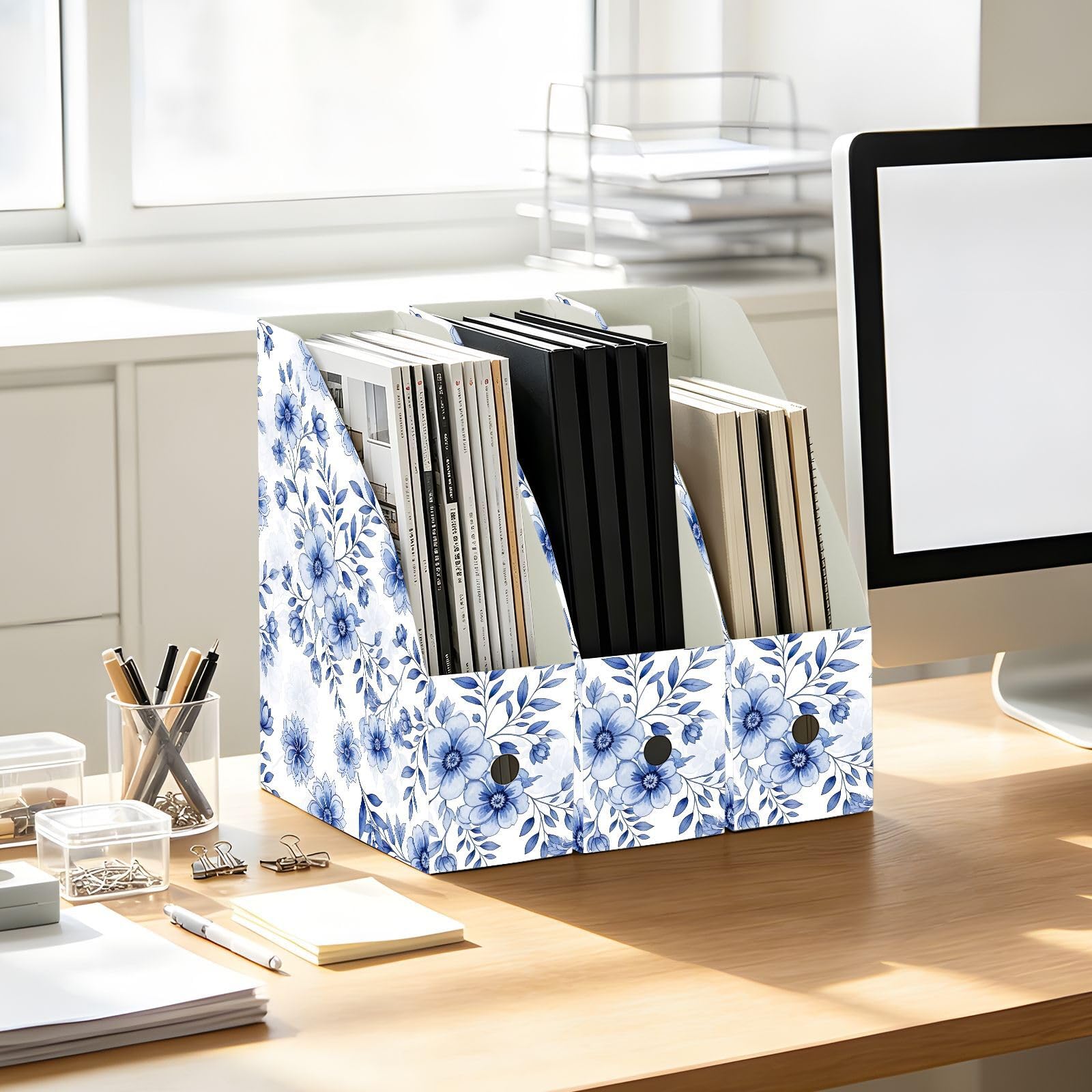 Organiseur de dossiers à motif floral bleu aquarelle avec ouvertures pour