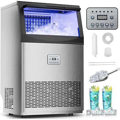 Commercial Ice Maker,110 lbs/24H,50 Cubes in 14 Mins,Stainless Steel Ice Machine with 33 lbs Storage Capacity,Water Filter,Self-Cleaning,Under Counter/Freestanding Ice Maker for Restaurant,Cafe,Home