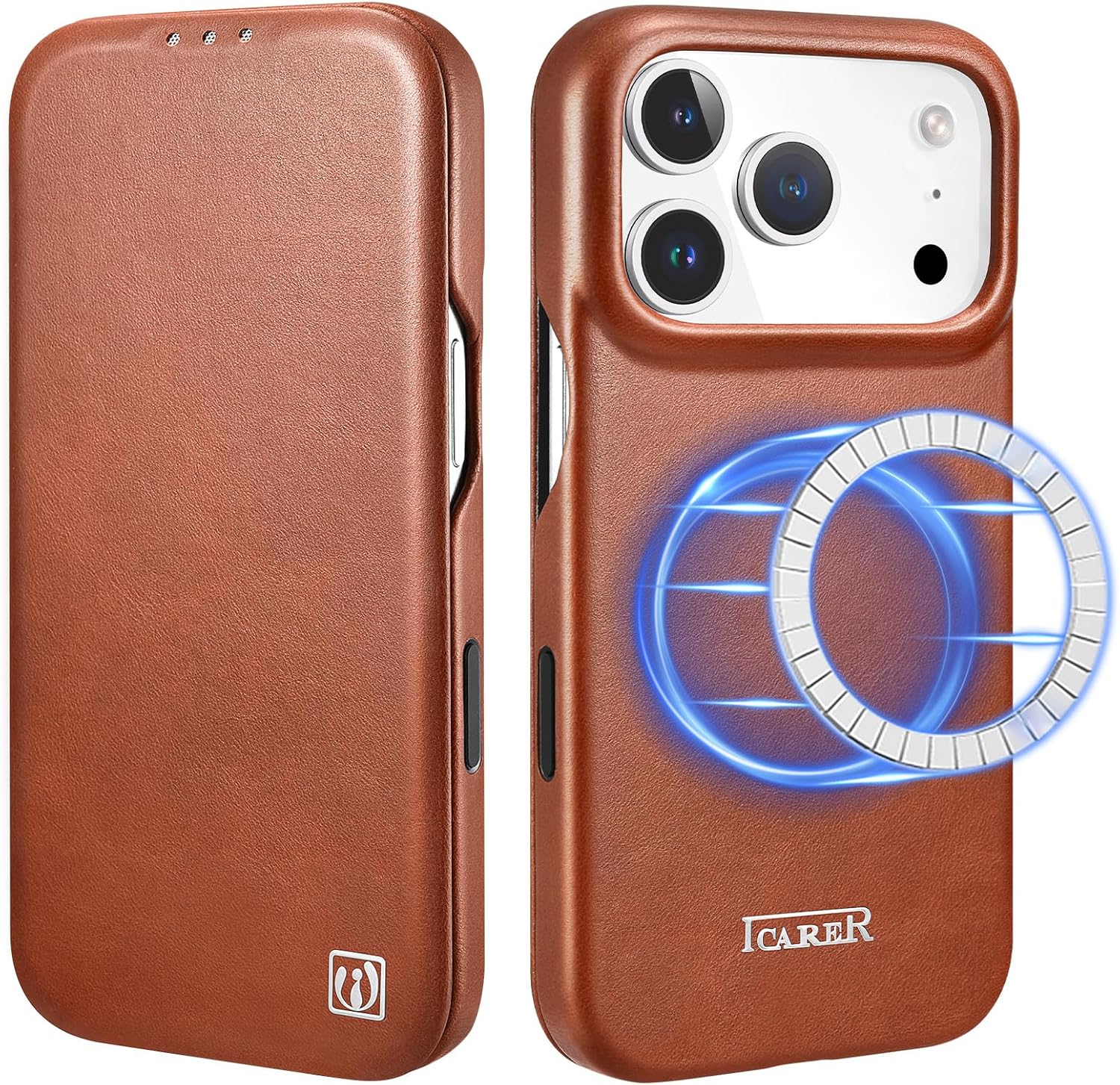ICARER iPhone 17 Pro Case, Genuine Leather Case(Support MagSafe), Magnetic Closure with RFID Card Slot Cover Compatible for Apple iPhone 17 Pro 6.3 inch 2025 Model (Brown)