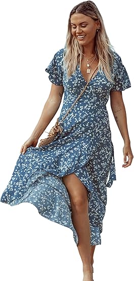 BerryGo Women's Boho V Neck Ruffle Floral Wrap Maxi Dress