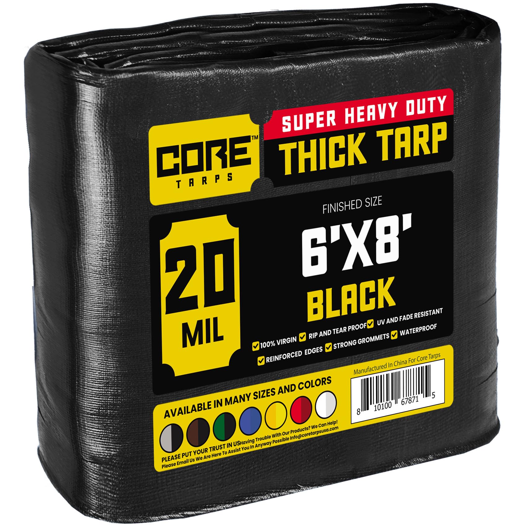 Core Tarps Extreme Heavy Duty 20 Mil Tarp Cover, Waterproof, UV Resistant, Rip and Tear Proof, Poly Tarpaulin with Reinforced Edges for Roof, Patio, Pool, Boat (Black 6′ X 8′)