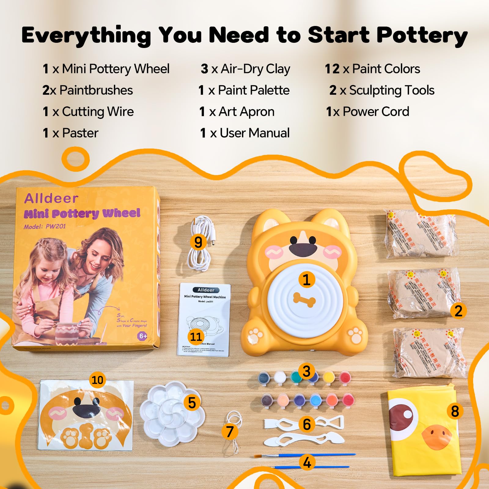 Alldeer Pottery Wheel for Kids 8-12, Complete Art & Craft Set with 3 Pack Air Dry Clays, Paints - DIY Ceramic Maker Mini for Beginners Creative Fun, Toys for 6-12 Years Old Girls Boy Birthday Gift