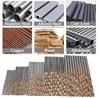 50Pcs Titanium Coated Metal Twist Drill Bits, HSS Drill Bit Set